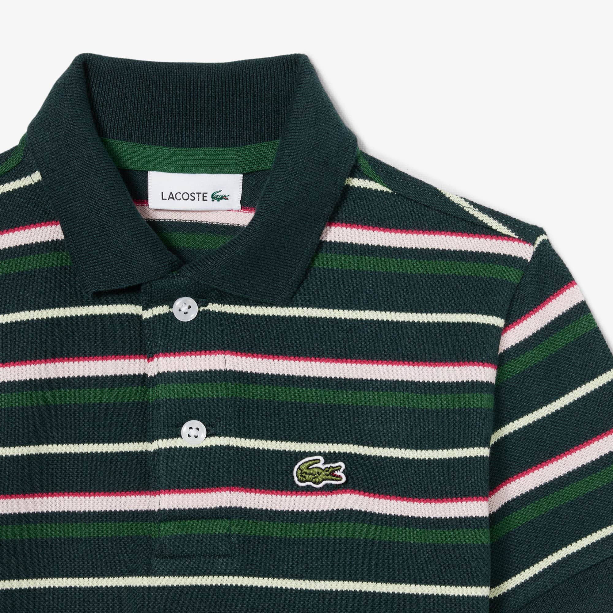 Thumbnail - Lacoste Polohemd aus Petit Piqué mit Kontraststreifen - Grün / Rosa / Hellrosa / Grün Size 5 - 5A