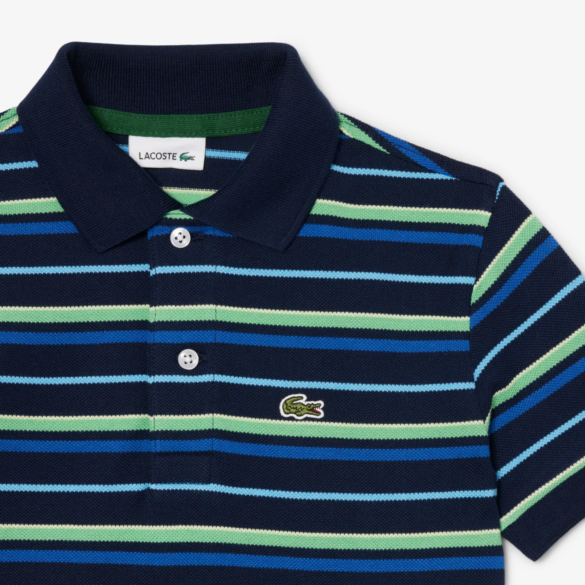 Thumbnail - Lacoste Polohemd aus Petit Piqué mit Kontraststreifen - Navy Blau / Grün / Blau Size 8 - 8A