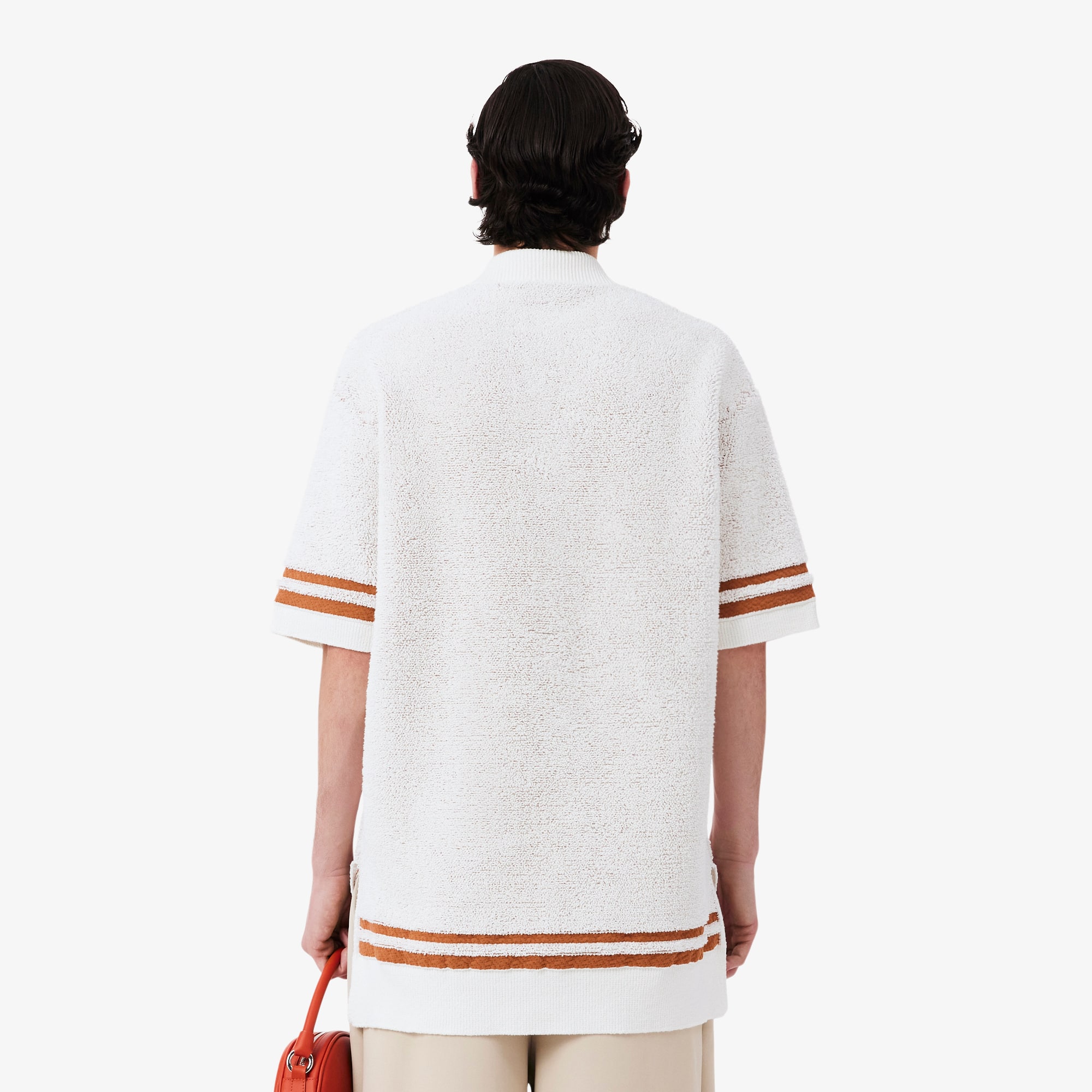 Thumbnail - Lacoste Pullover Runway mit Polokragen aus Bouclé-Strick - Blanc / Orange Size One Size