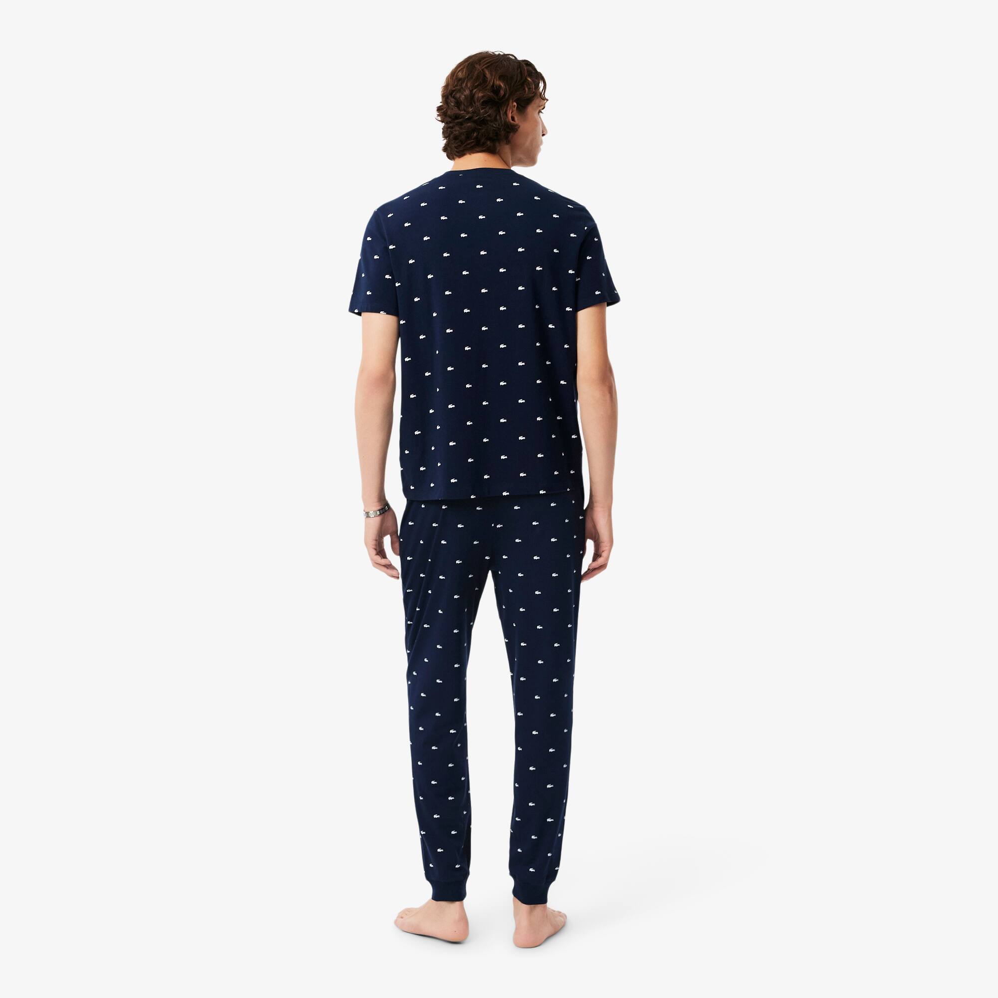 Thumbnail - Lacoste Bedruckte Pyjamahose aus Baumwolle - Navy Blau / Weiß Size XS