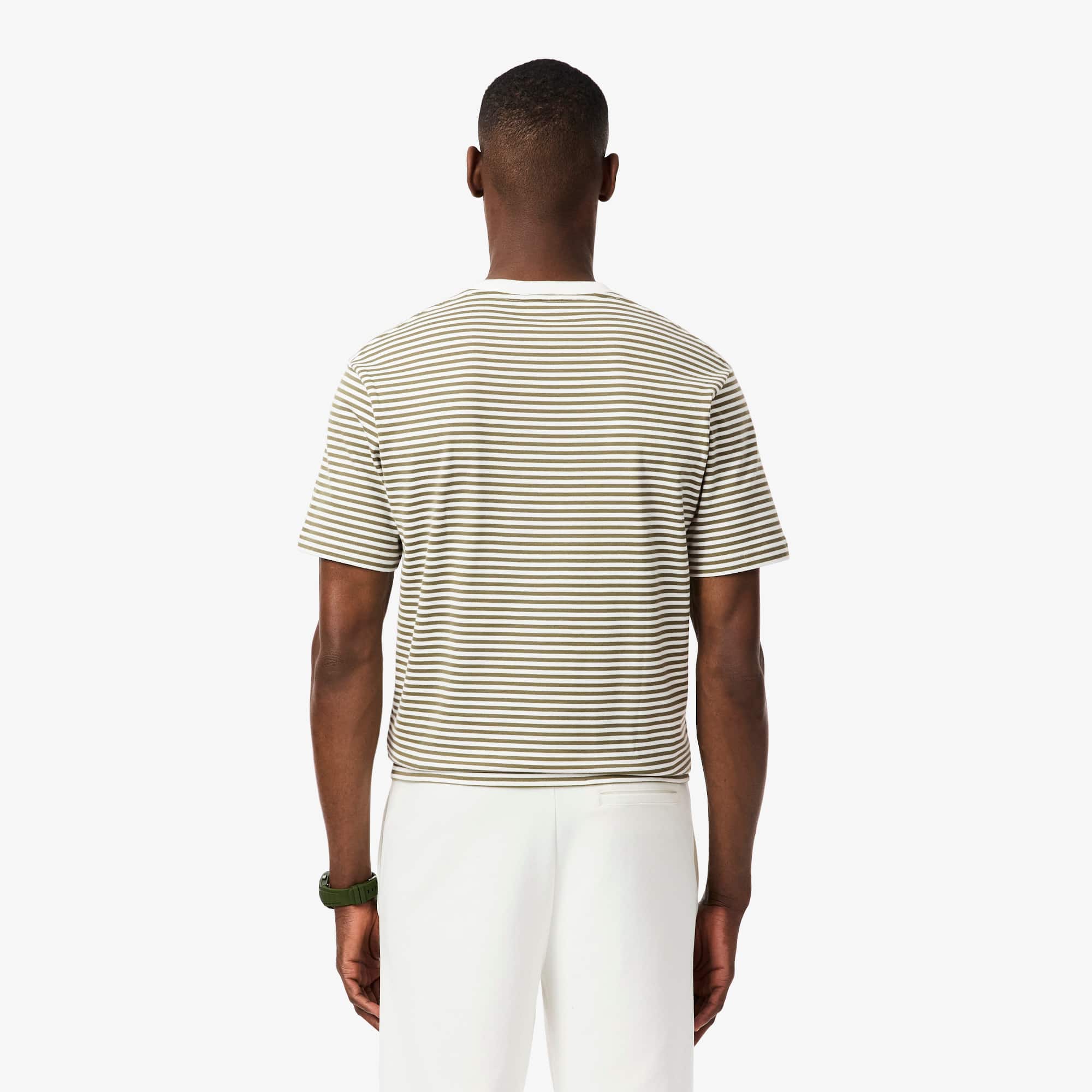 Thumbnail - Lacoste T-Shirt aus schwerer Baumwolle mit Streifen - Weiß / Khaki Grün Size S