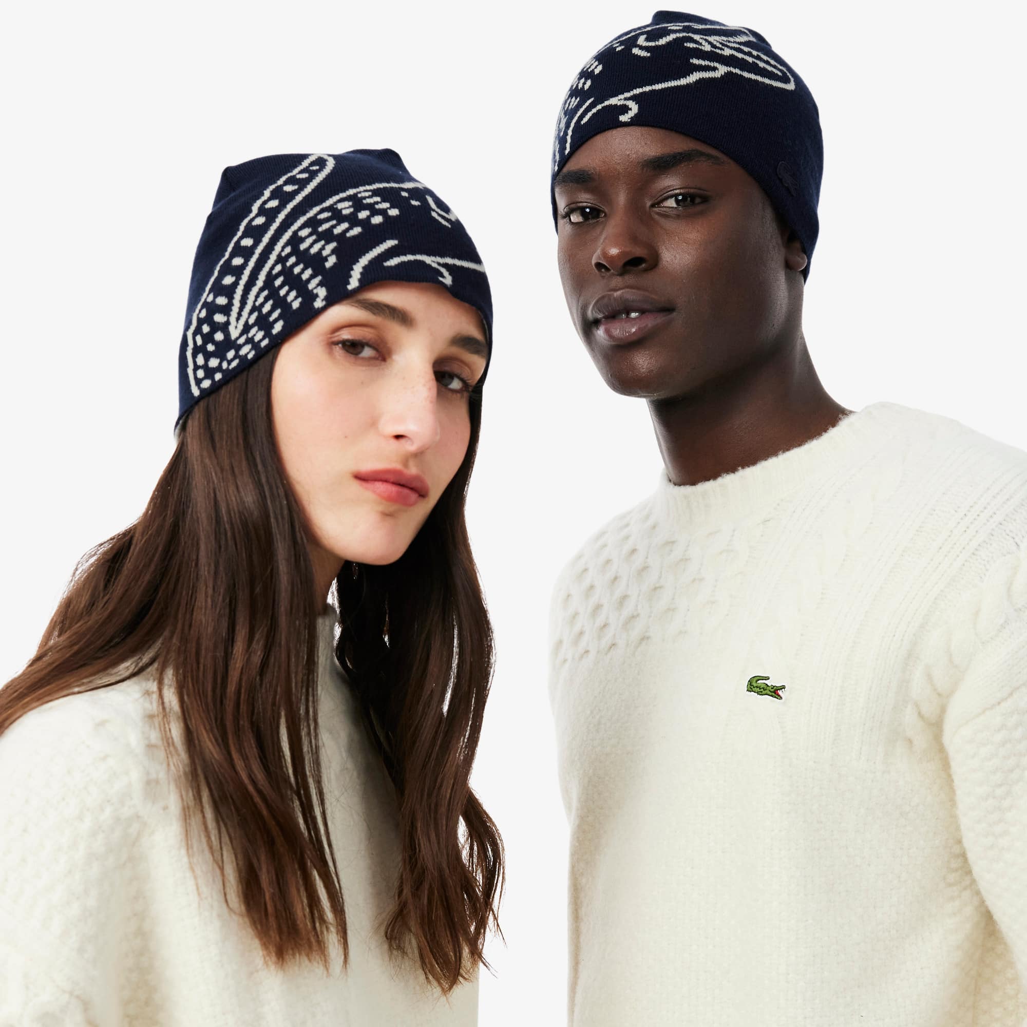 Thumbnail - Lacoste Krokodil-Mütze aus Wolljacquard - Navy Blau / Weiß Size One Size