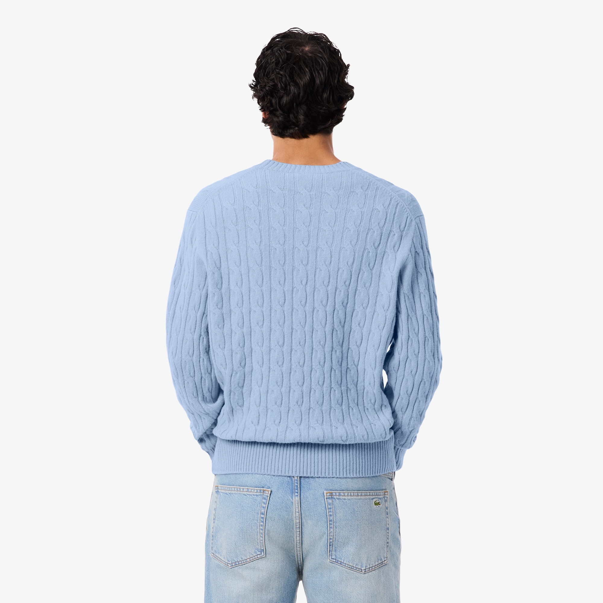 Thumbnail - Lacoste Pullover aus Tuchwolle mit Zopfmuster und Rundhalsausschnitt - Pastellblau Size L