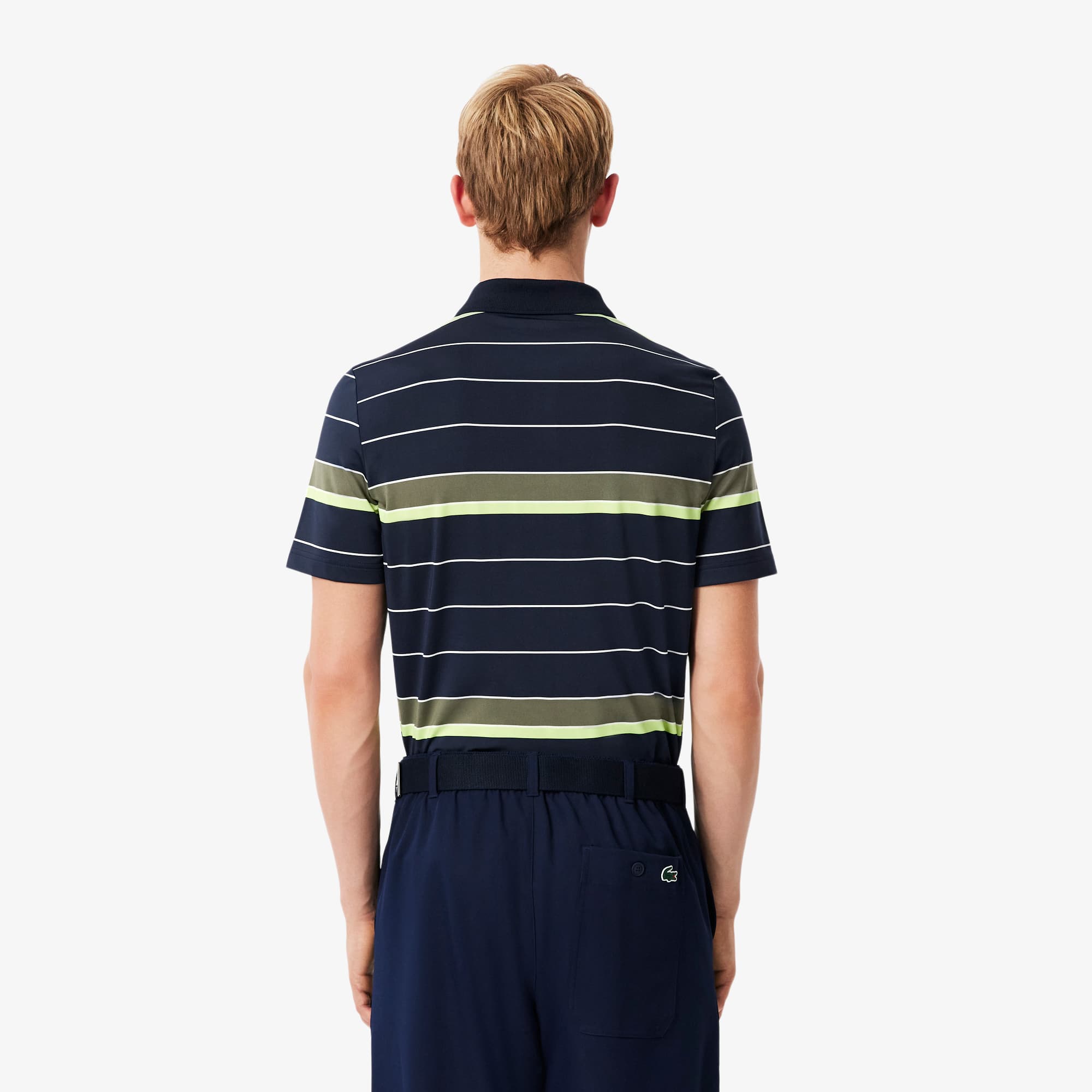 Thumbnail - Lacoste Gestreiftes Stretch-Golf-Polohemd mit Ultra-Dry-Technologie - Navy Blau / Khaki Grün / Neongelb Size L