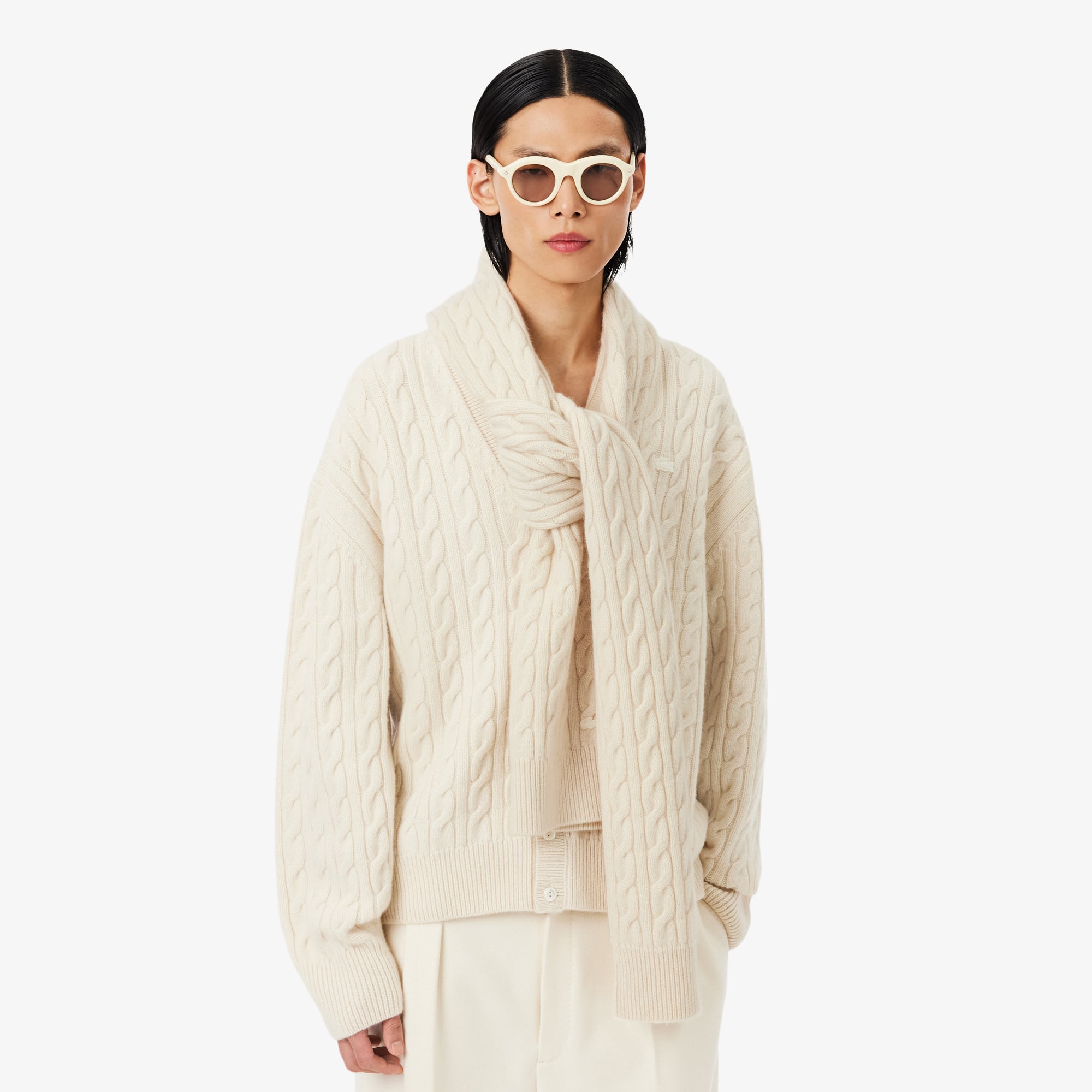 Thumbnail - Lacoste Kaschmirschal Runway mit Zopfmuster - Weiß Size One Size