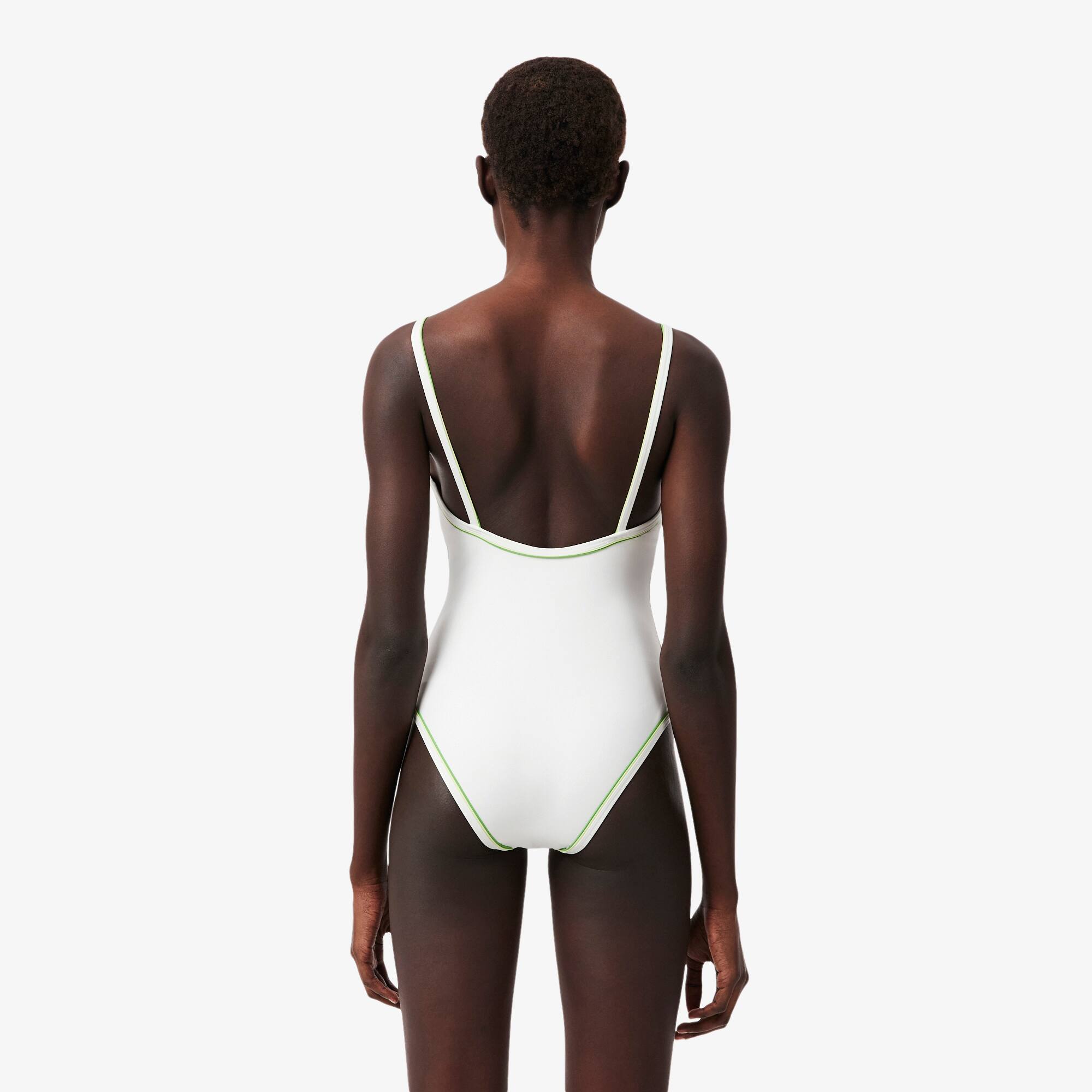 Thumbnail - Lacoste Einteiliger Badeanzug mit kontrastierender Einfassung - Blanc / Vert Size 42