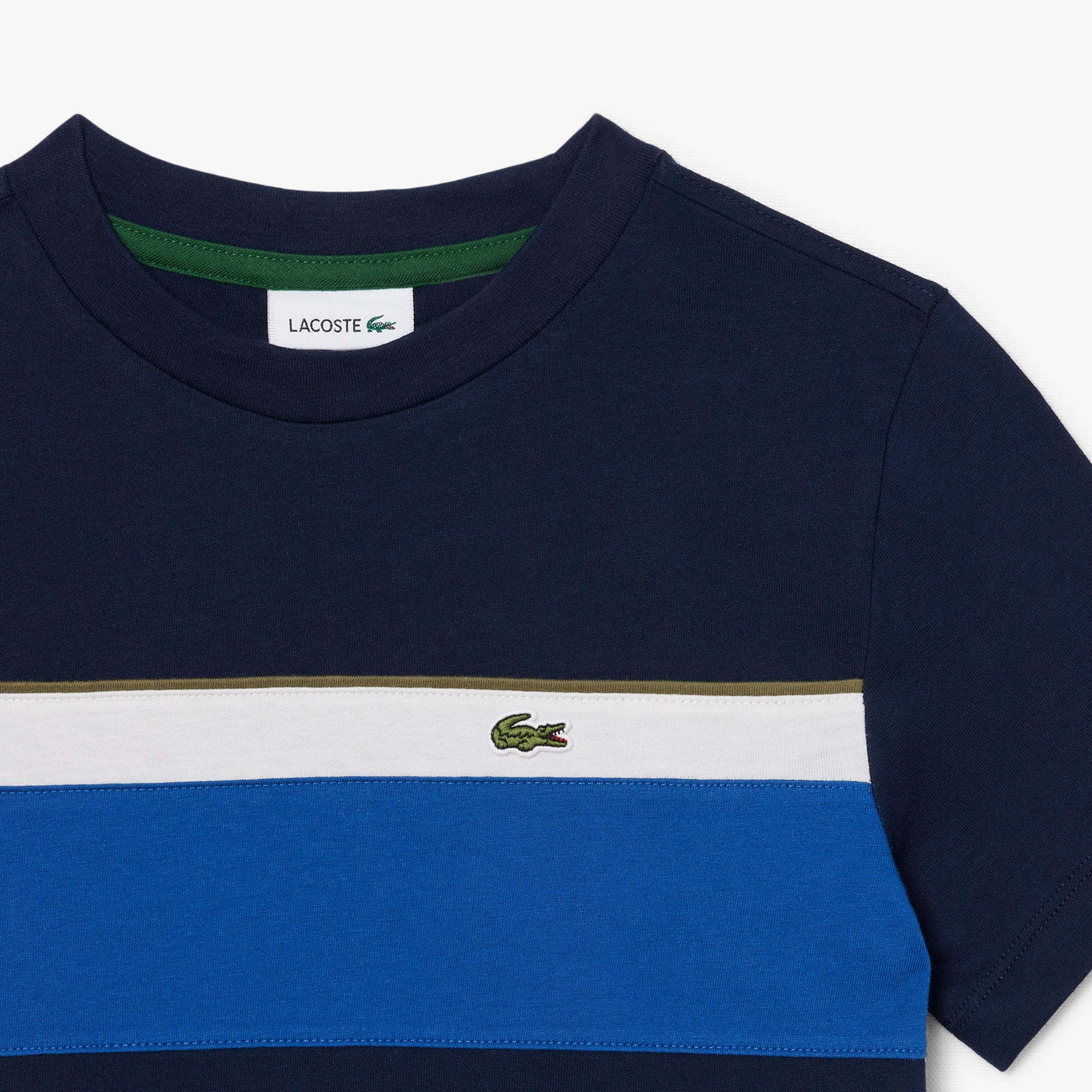 Thumbnail - Lacoste T-Shirt aus Baumwolle mit Colorblock-Design - Navy Blau / Khaki Grün / Weiß / Blau Size 9 - 10A