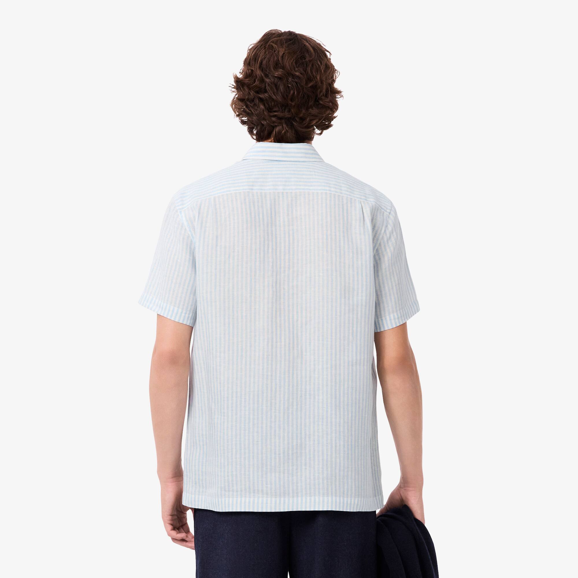 Thumbnail - Lacoste Regular Fit-Hemd aus Leinen mit kurzen Ärmeln - Blau / Weiß Size 44