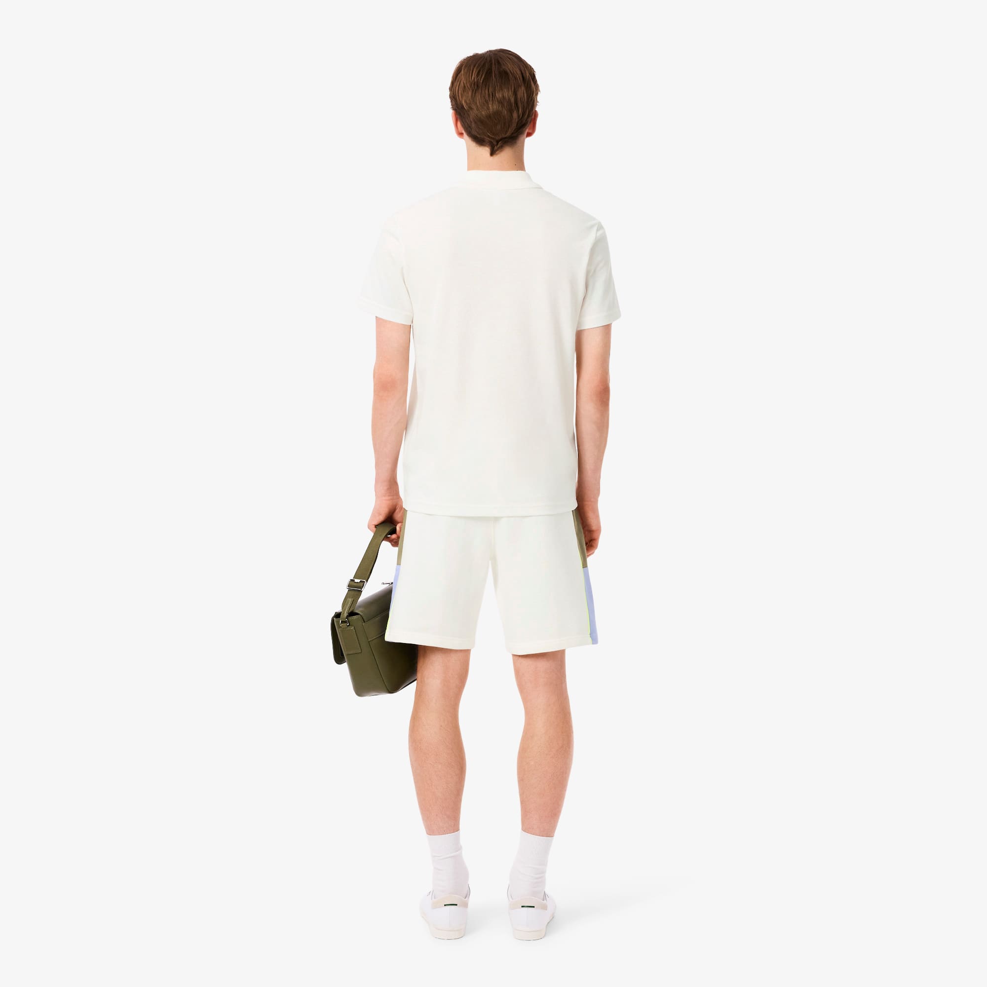 Thumbnail - Lacoste Shorts aus Fleece mit Colorblock-Design - Weiß / Khaki Grün / Lila Size M
