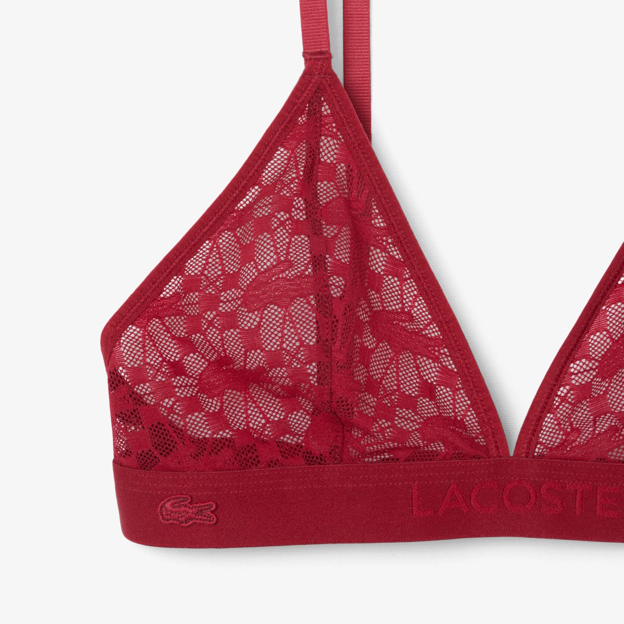 Thumbnail - Lacoste Triangle-Bralette aus Logo-Spitze - Burgunder Size S