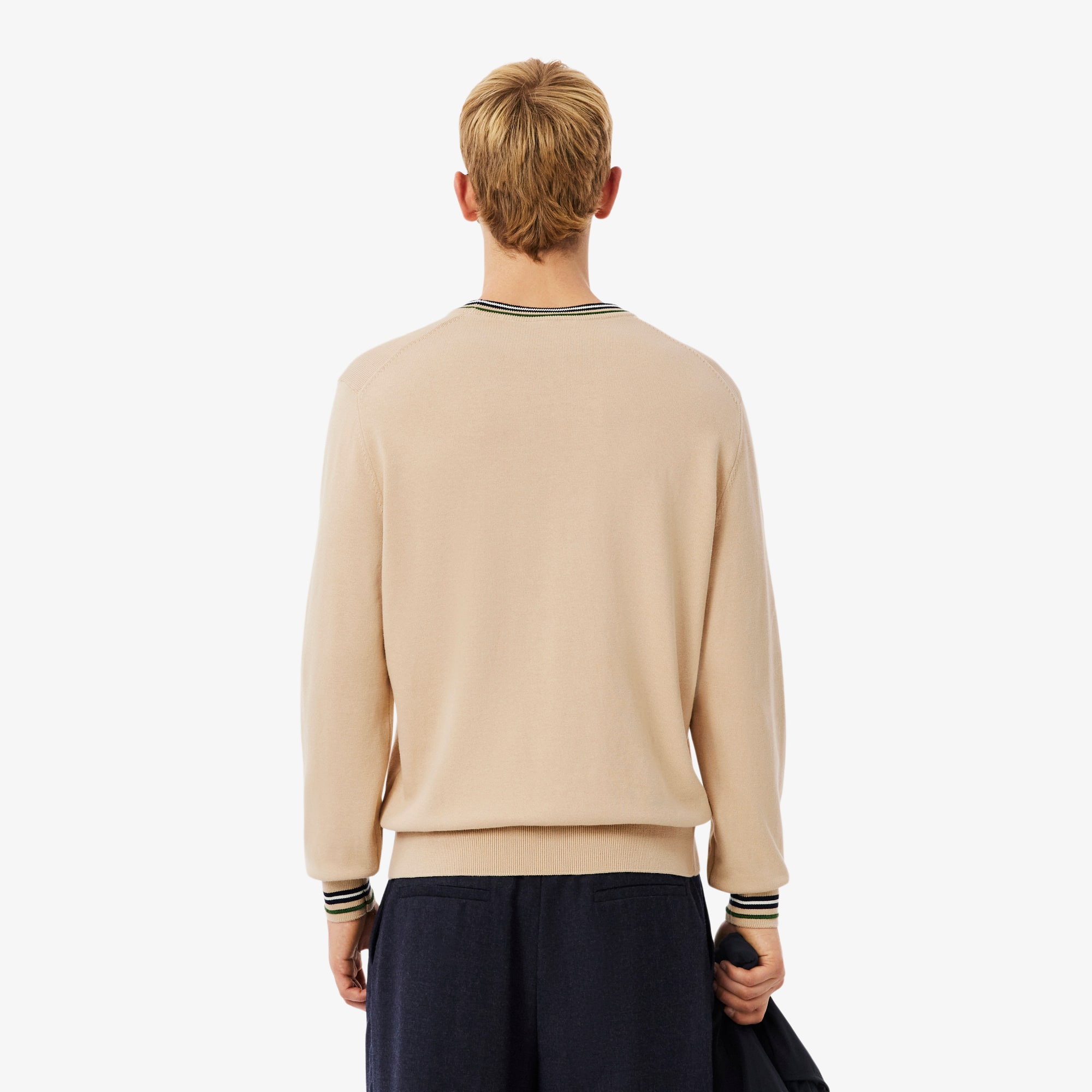 Thumbnail - Lacoste Gestreifter Pullover aus Baumwollstrick - Beige / Navy Blau Size XXL