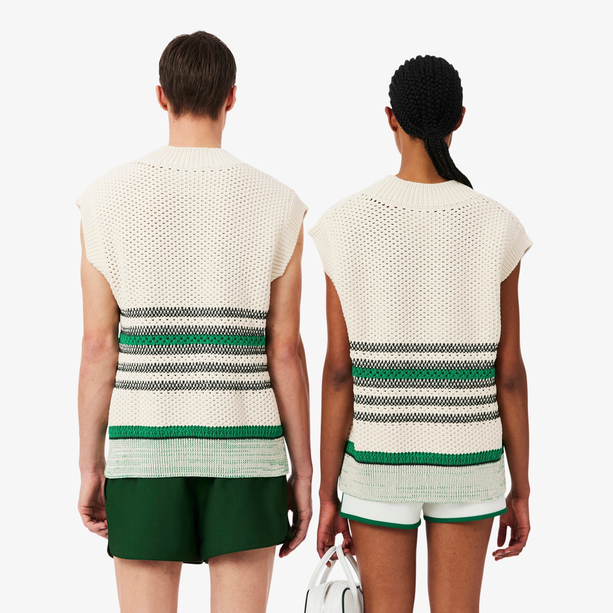 Thumbnail - Lacoste Ärmelloser Pullover aus durchbrochenem Piqué mit Streifen - Blanc / Vert / Blanc Size L