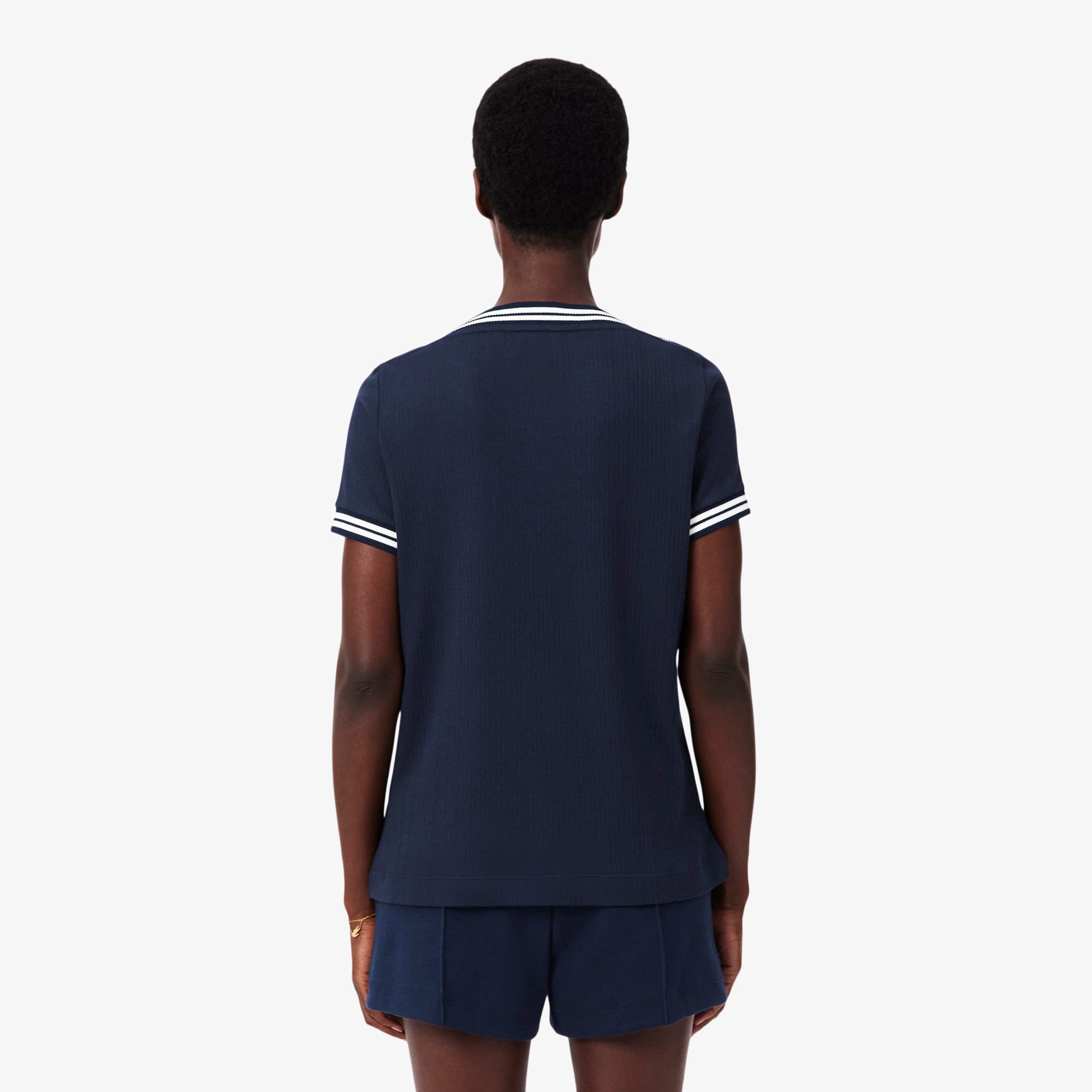 Thumbnail - Lacoste Französisches T-Shirt mit U-Boot-Ausschnitt - Navy Blau / Weiß Size 34