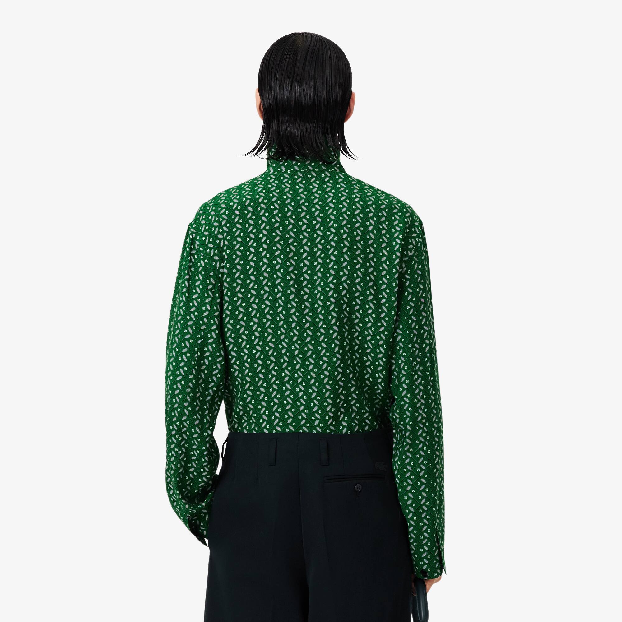 Thumbnail - Lacoste Regular Fit-Hemd Runway aus Satin mit Print - Vert / Blanc Size 40