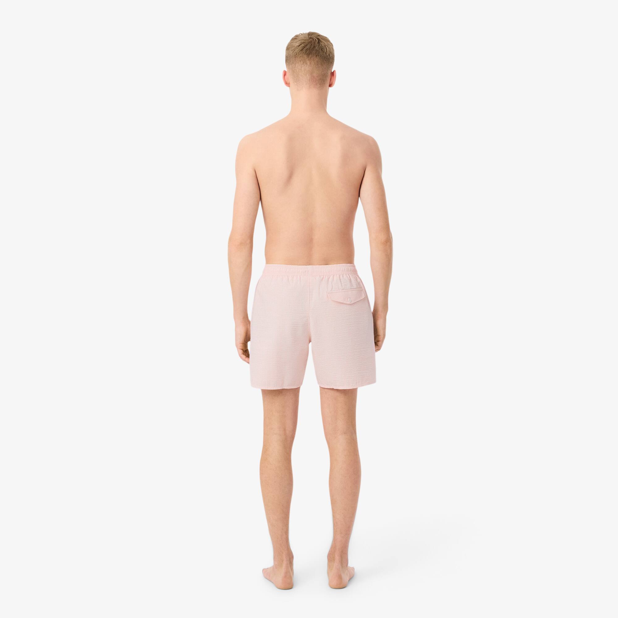 Thumbnail - Lacoste Halblange Badehose mit Strukturstreifen - Blanc / Rose Size M