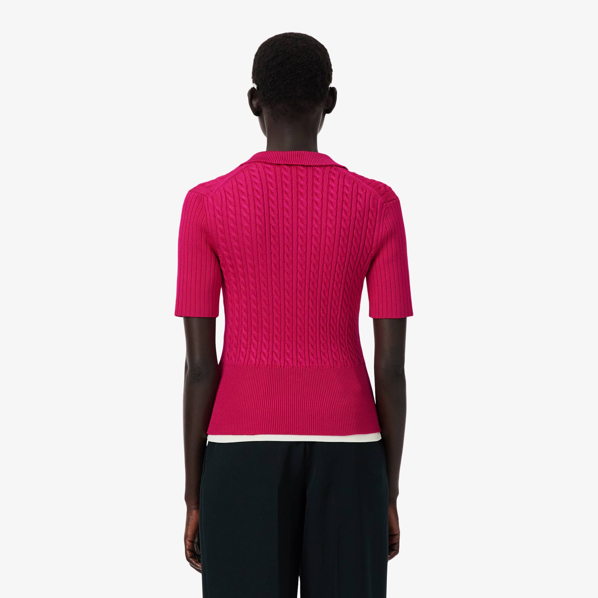 Thumbnail - Lacoste Pullover Runway mit Polokragen und Zopfmuster - Rose Size 36