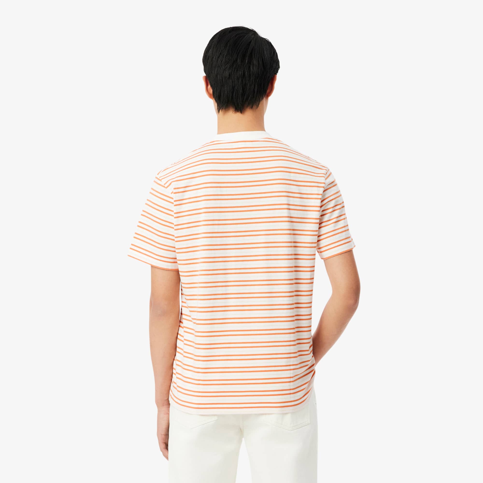 Thumbnail - Lacoste T-Shirt aus schwerer Baumwolle mit Streifen - Orange / Blanc Size XS