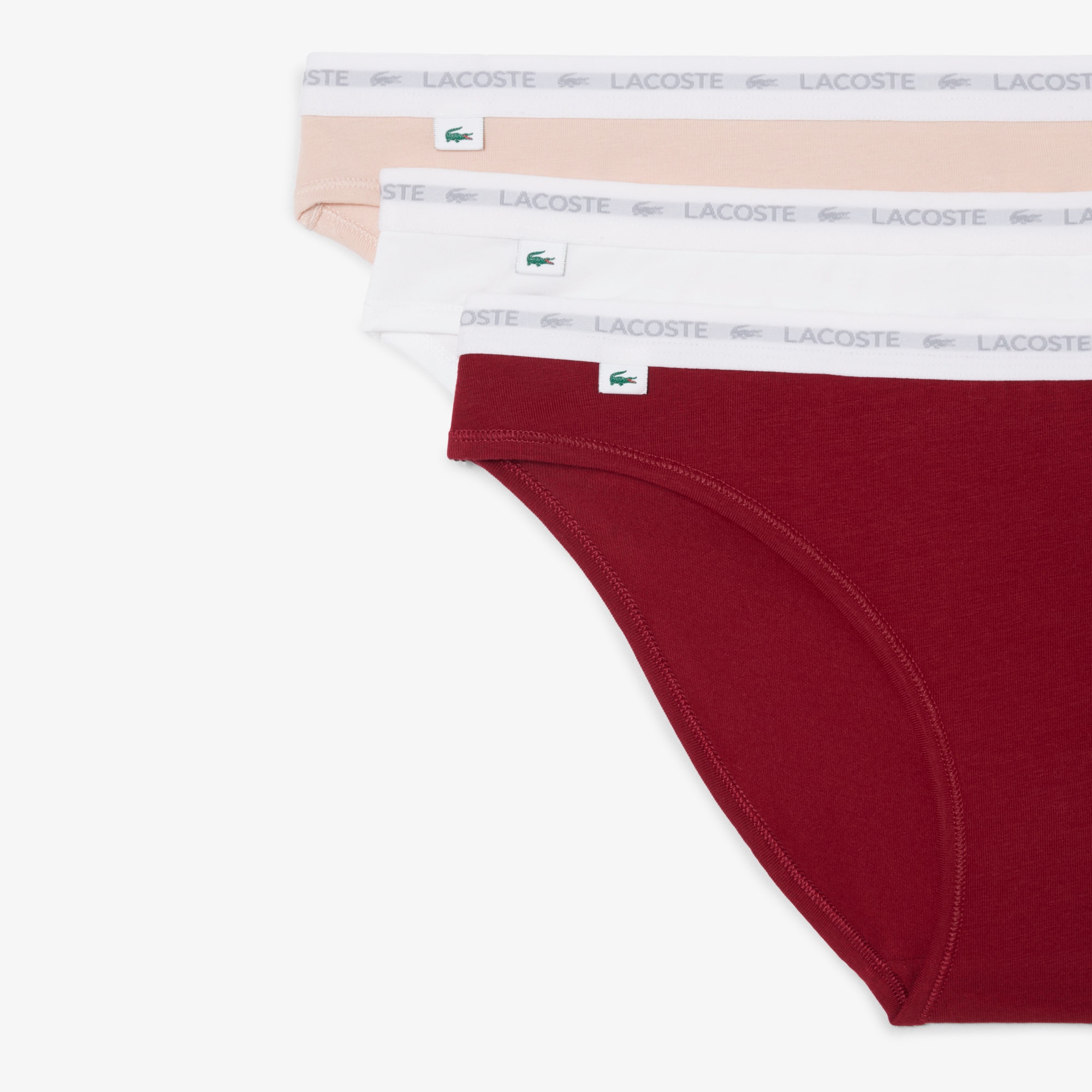 Thumbnail - Lacoste 3er-Pack Slips aus Stretch-Baumwolle - Bordeaux / Blanc / Rose Size M