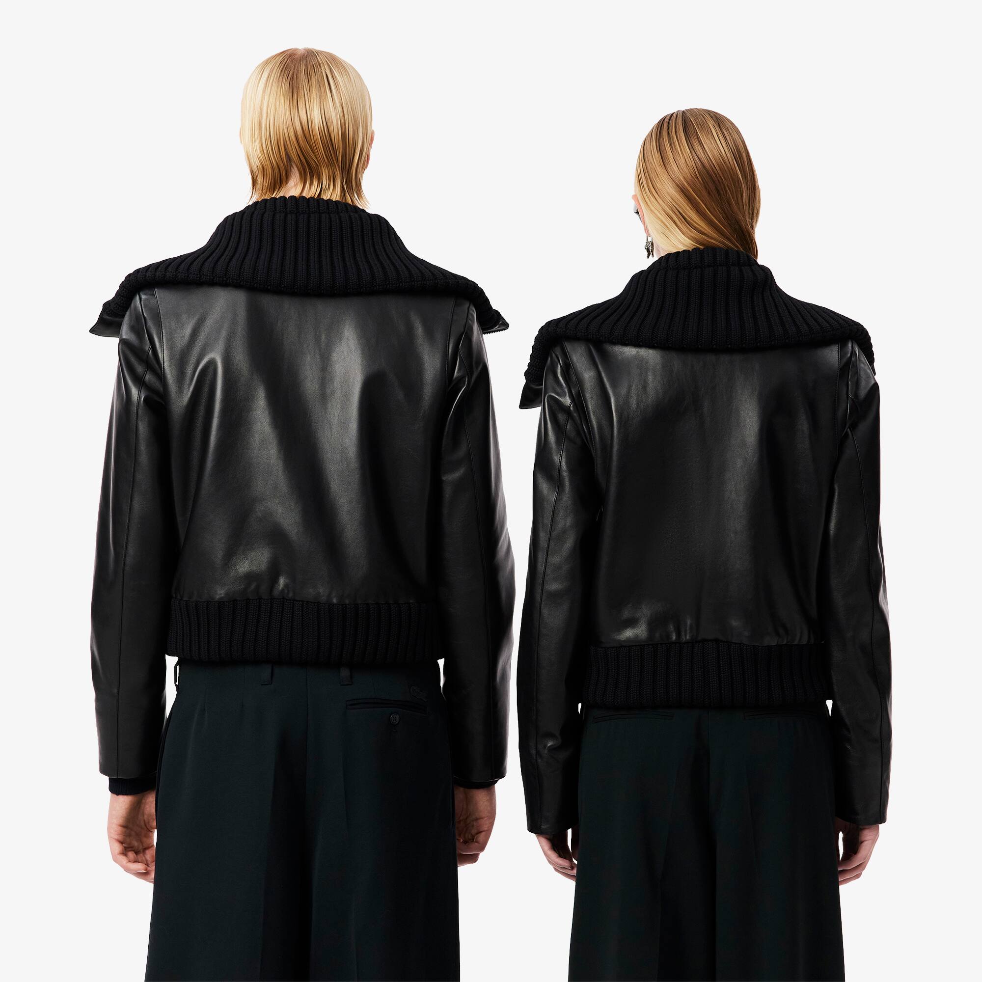 Thumbnail - Lacoste Lederjacke Runway mit hohem Rippstrickkragen - Schwarz Size M