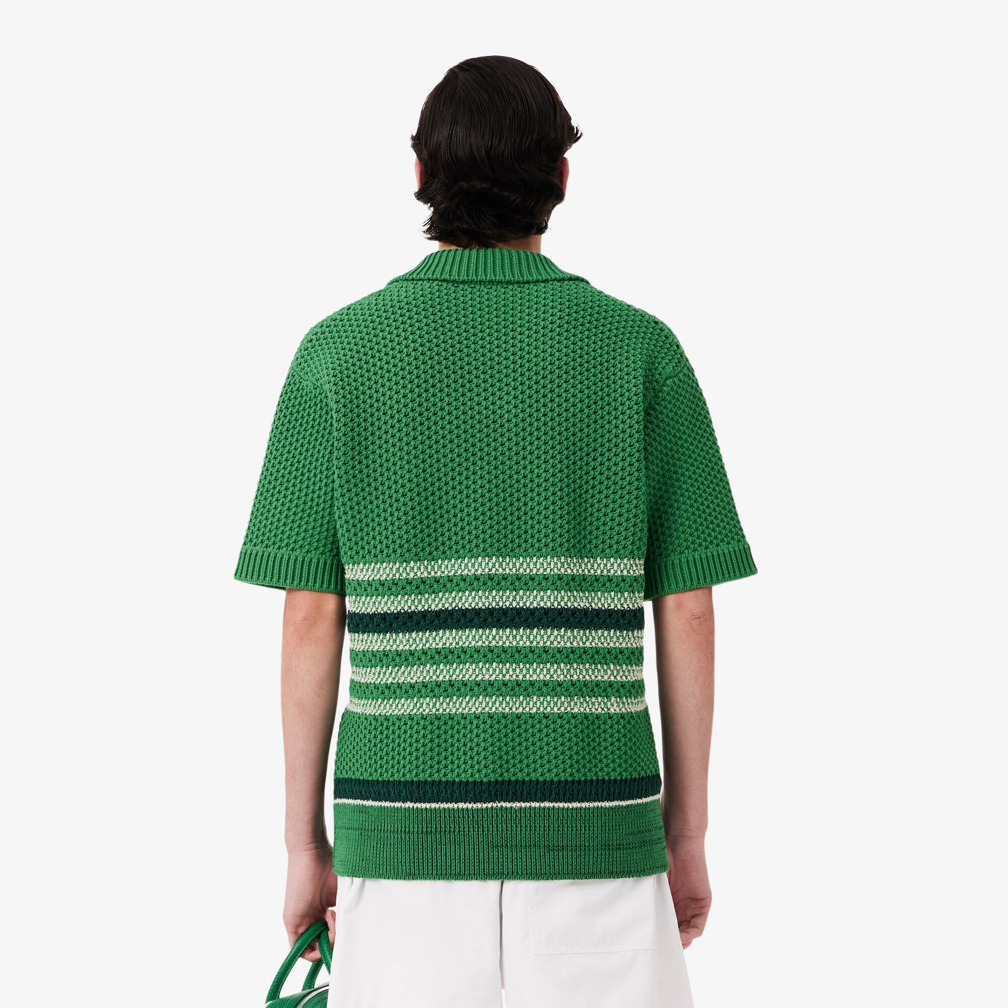 Thumbnail - Lacoste Pullover Runway mit Polokragen und durchbrochenen Streifen - Grün / Weiß Size L