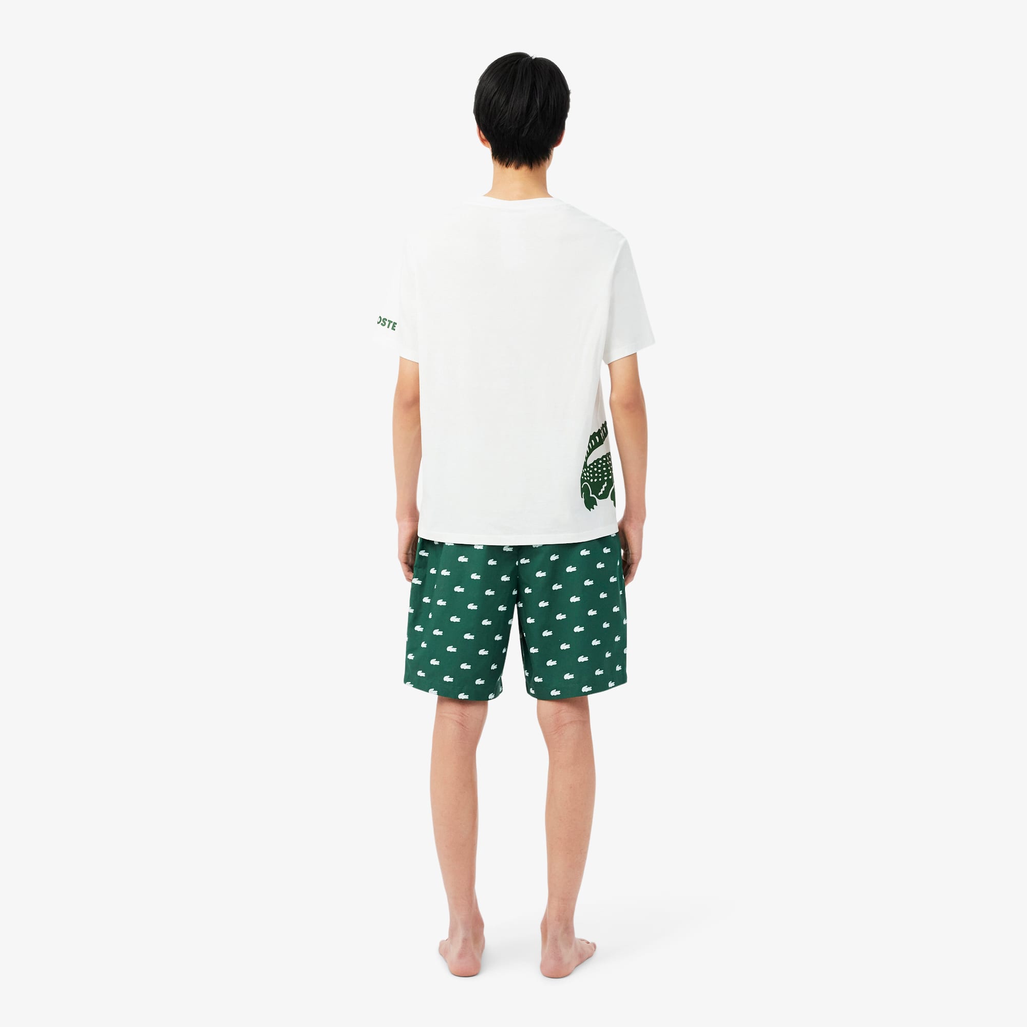Thumbnail - Lacoste Gestreifte Pyjamashorts aus Popeline - Grün / Weiß Size L