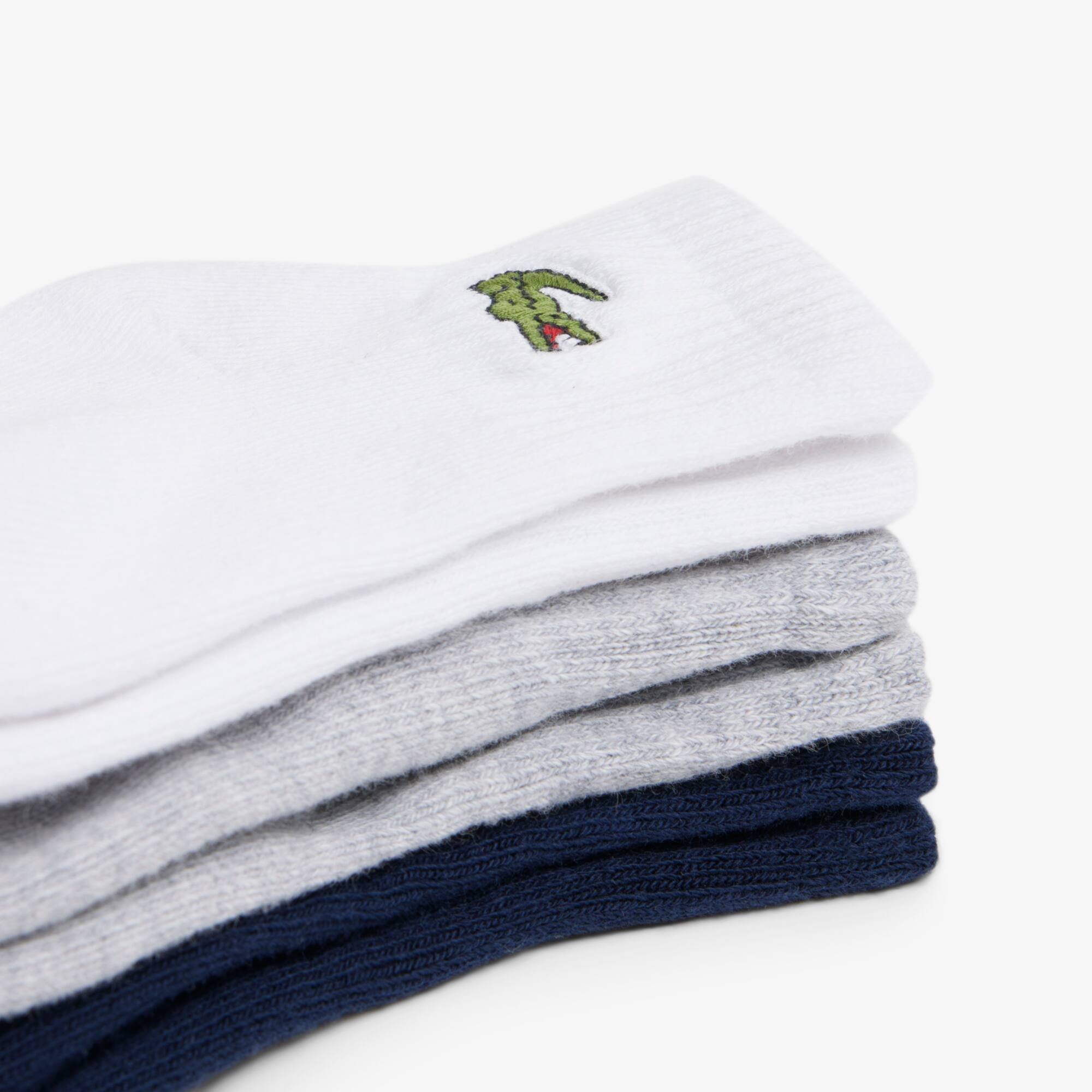Thumbnail - Lacoste Unisex 3er-Pack Baumwollsocken - Weiß / Heidekraut Grau / Navy Blau Size 4 - 18-23