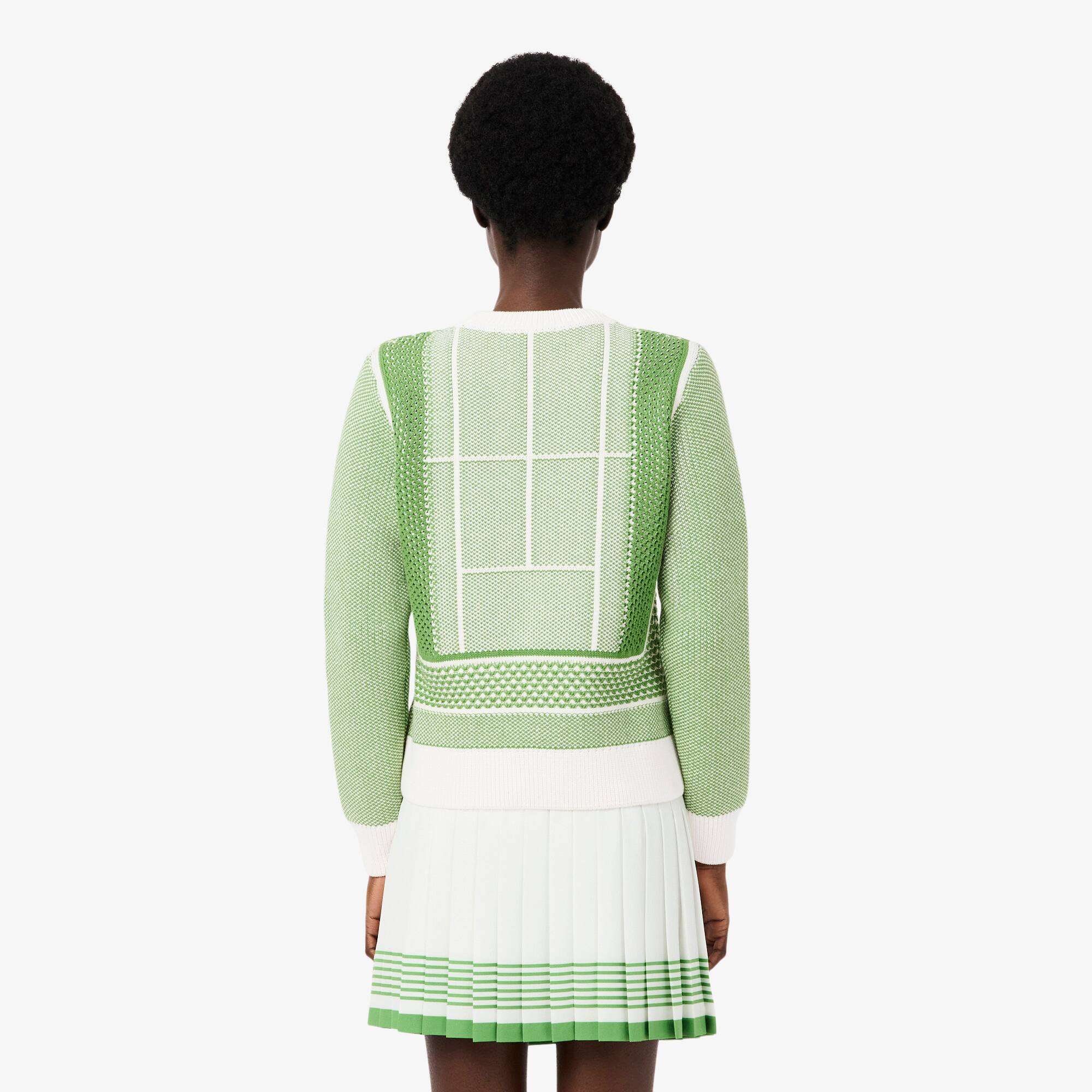 Thumbnail - Lacoste Pullover aus Jacquard mit Tennisplatz-Grafik - Blanc / Vert Size 42