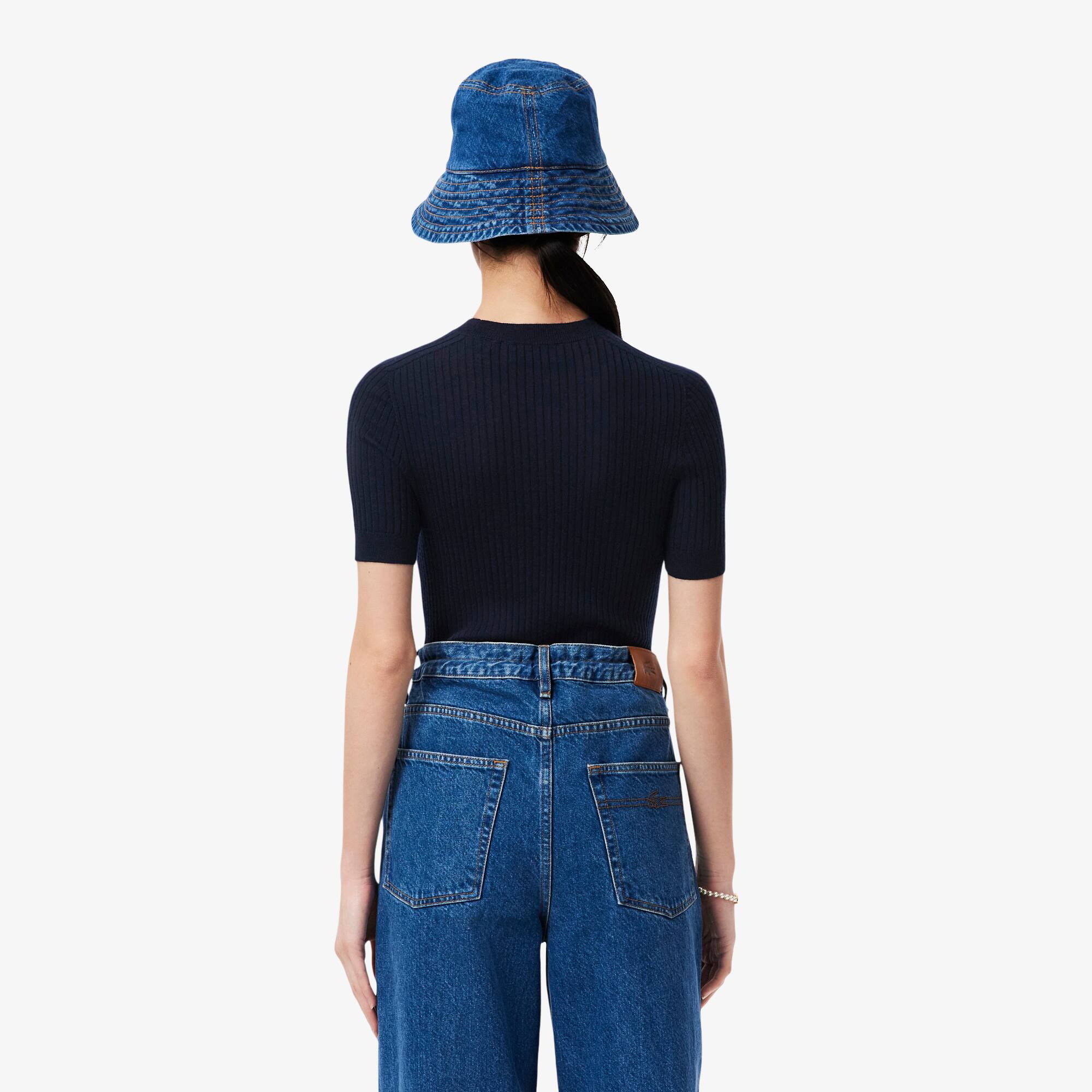 Thumbnail - Lacoste Rippstrickpullover aus Merinowolle mit kurzen Ärmeln - Navy Blau Size 44