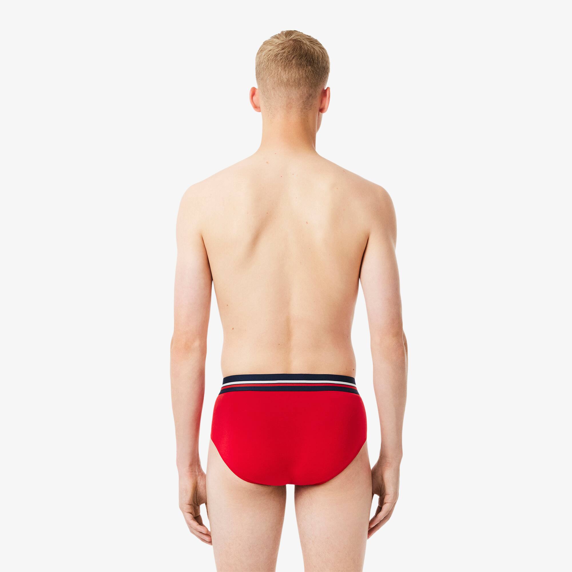Thumbnail - Lacoste 3er-Pack Slips aus einfarbiger Baumwolle mit Logo-Bund - Navy Blau / Heidekraut Grau / Rot Size S