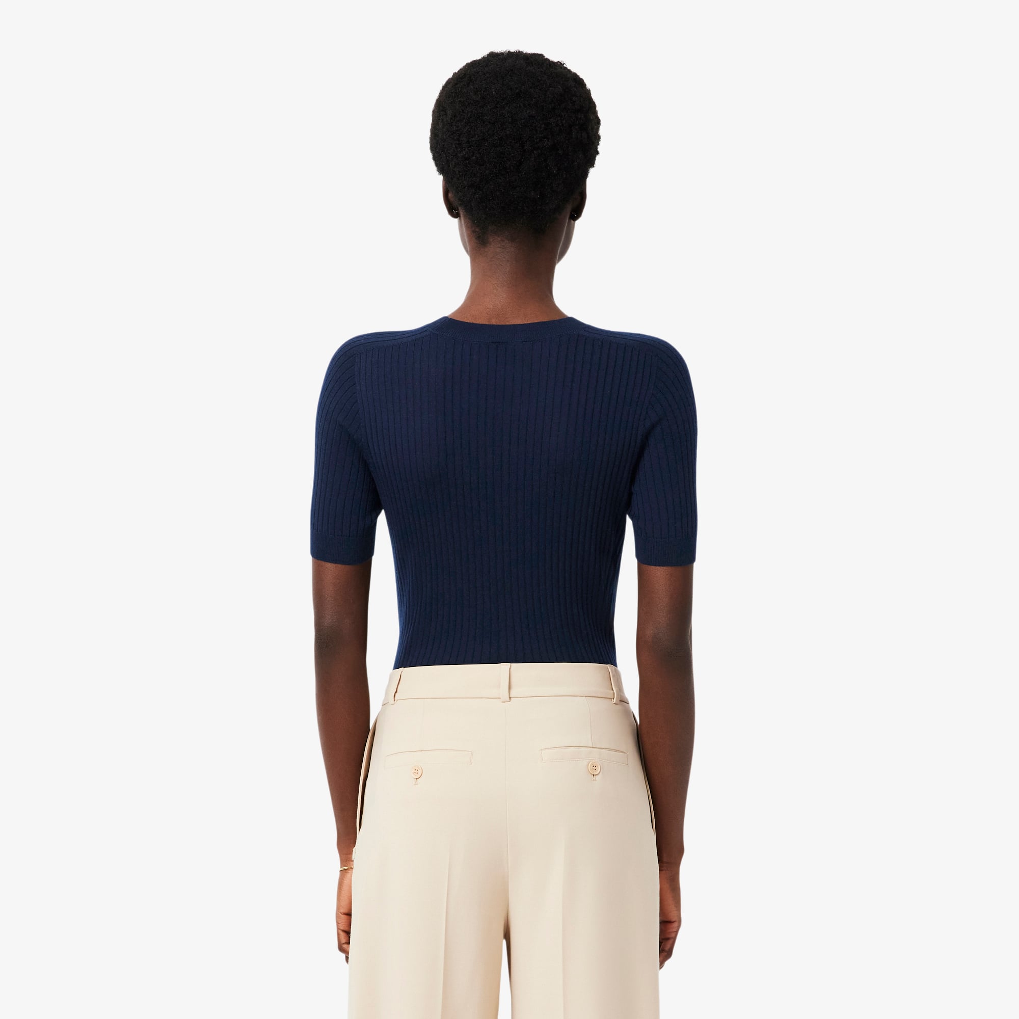 Thumbnail - Lacoste Rippstrickpullover aus Merinowolle mit kurzen Ärmeln - Navy Blau Size 38