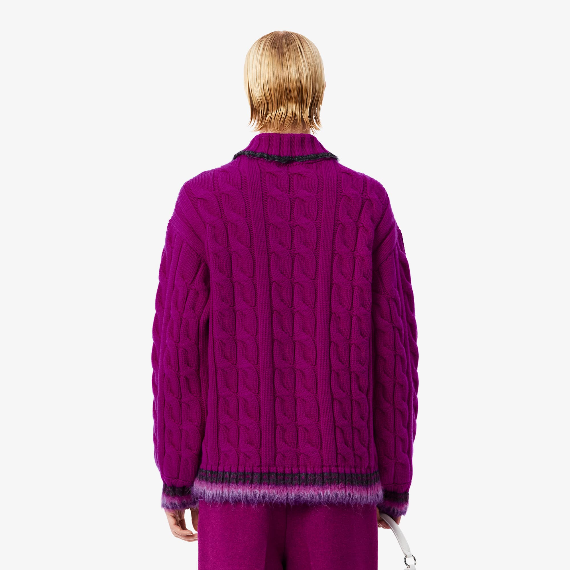 Thumbnail - Lacoste Strickpullover Runway aus Wolle mit Zopfmuster und Polokragen - Rose Size M