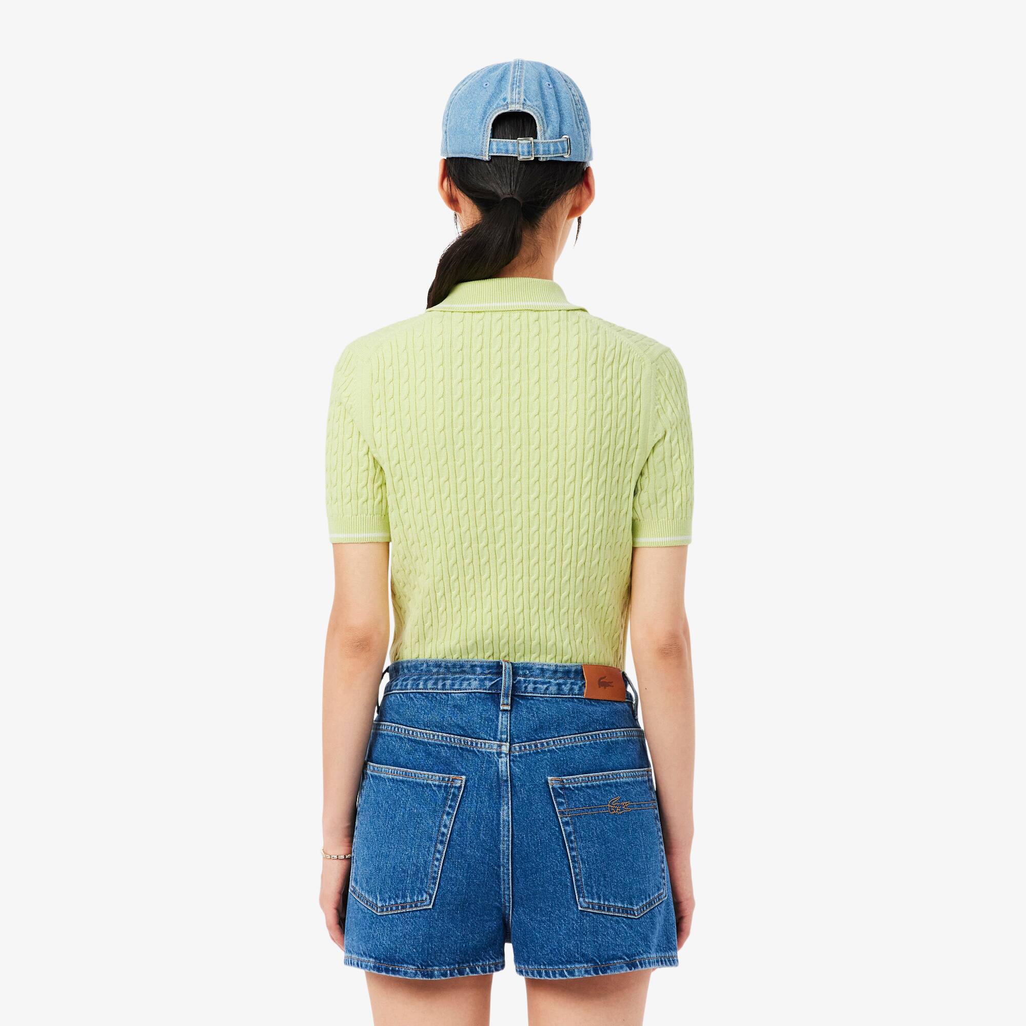 Thumbnail - Lacoste Gestreifter Pullover mit Zopfmuster und Polokragen - Grün Size 36