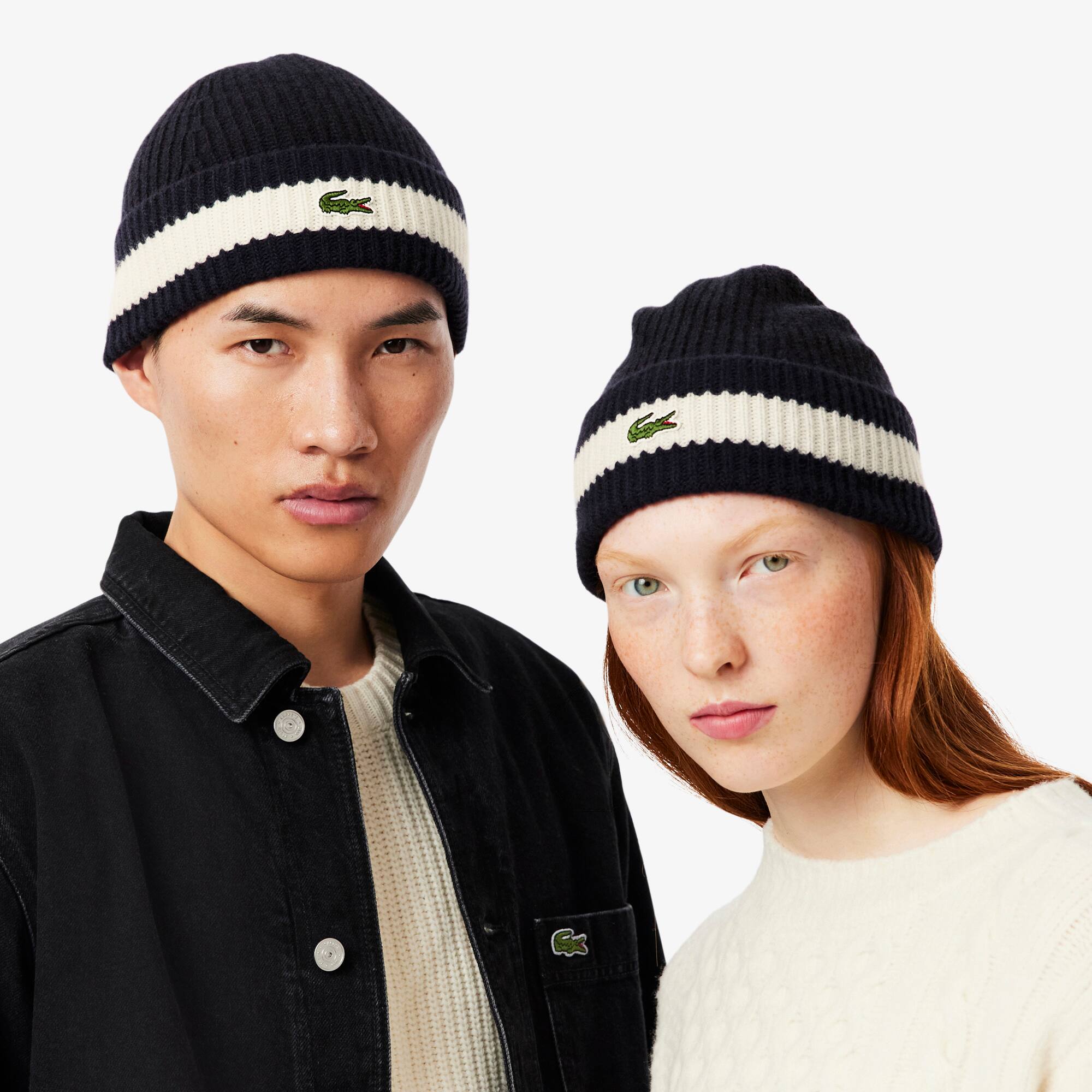 Thumbnail - Lacoste Rippstrick-Mütze aus Tuchwolle - Navy Blau / Weiß Size One Size