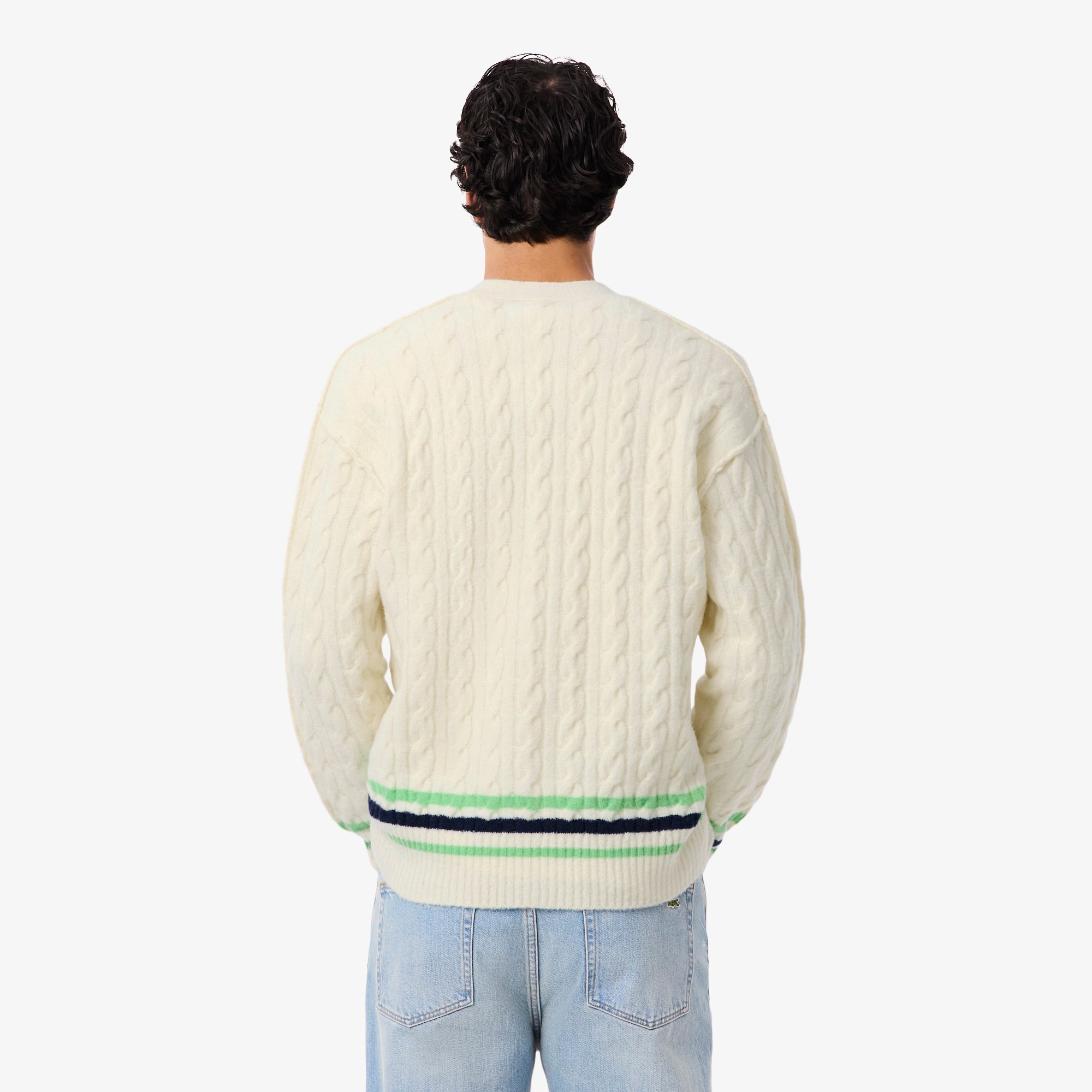 Thumbnail - Lacoste Cardigan aus Wolle mit Zopfmuster - Weiß / Grün / Navy Blau Size 6 - XL