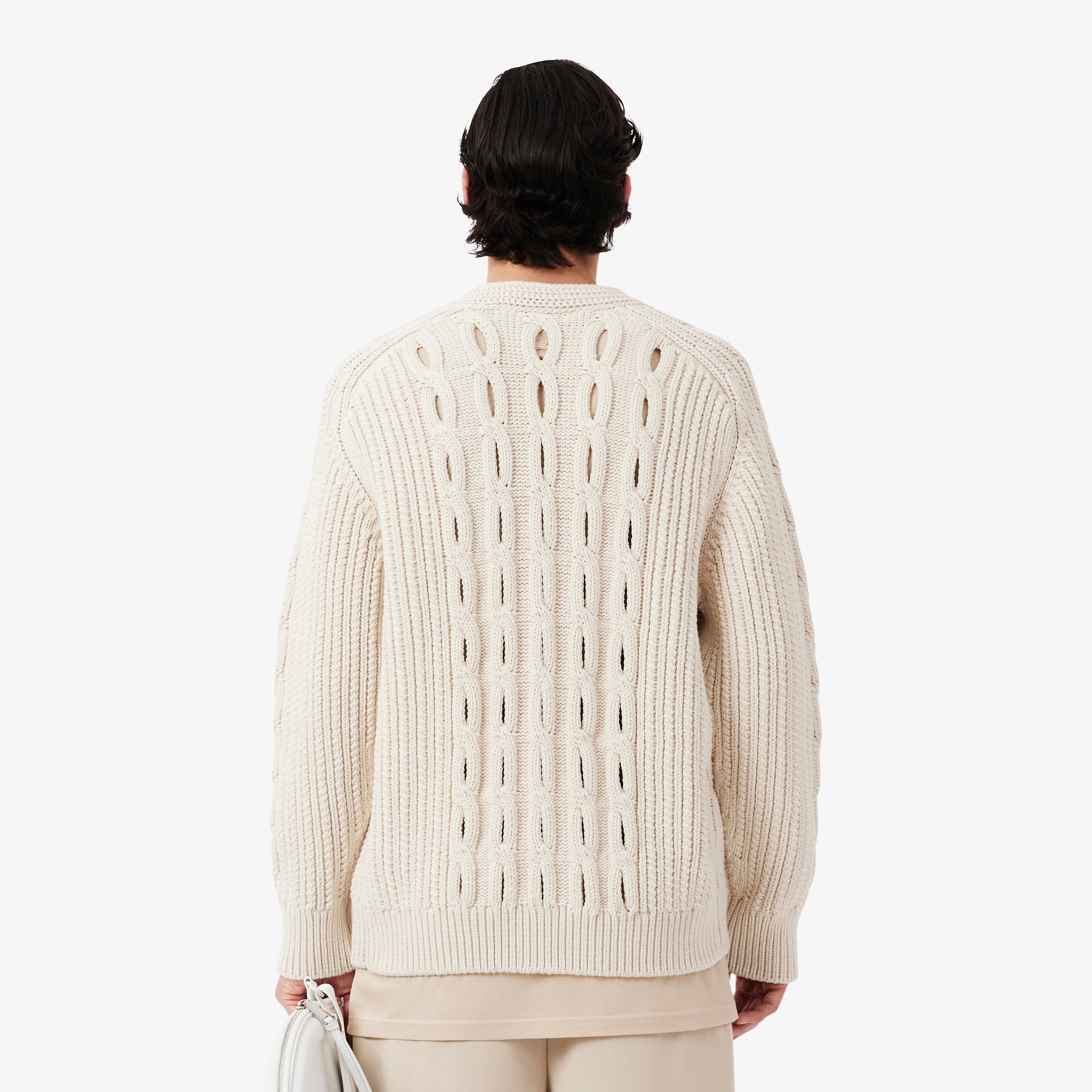 Thumbnail - Lacoste Cardigan Runway mit durchbrochenem Zopfmuster - Weiß Size M