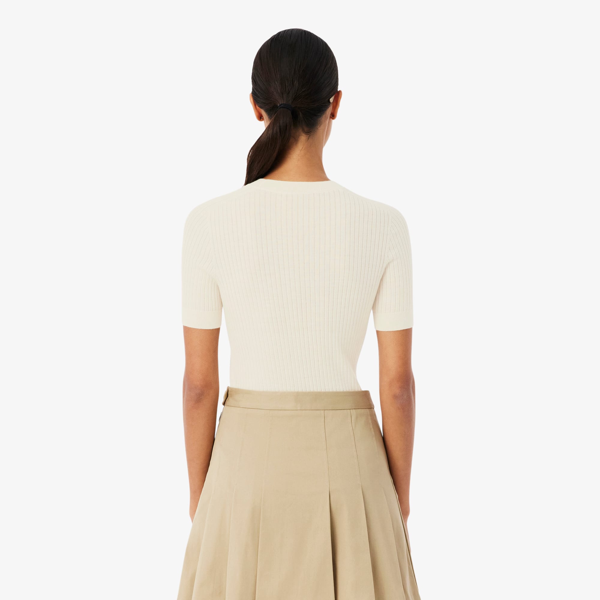 Thumbnail - Lacoste Rippstrickpullover aus Merinowolle mit kurzen Ärmeln - Weiß Size 40