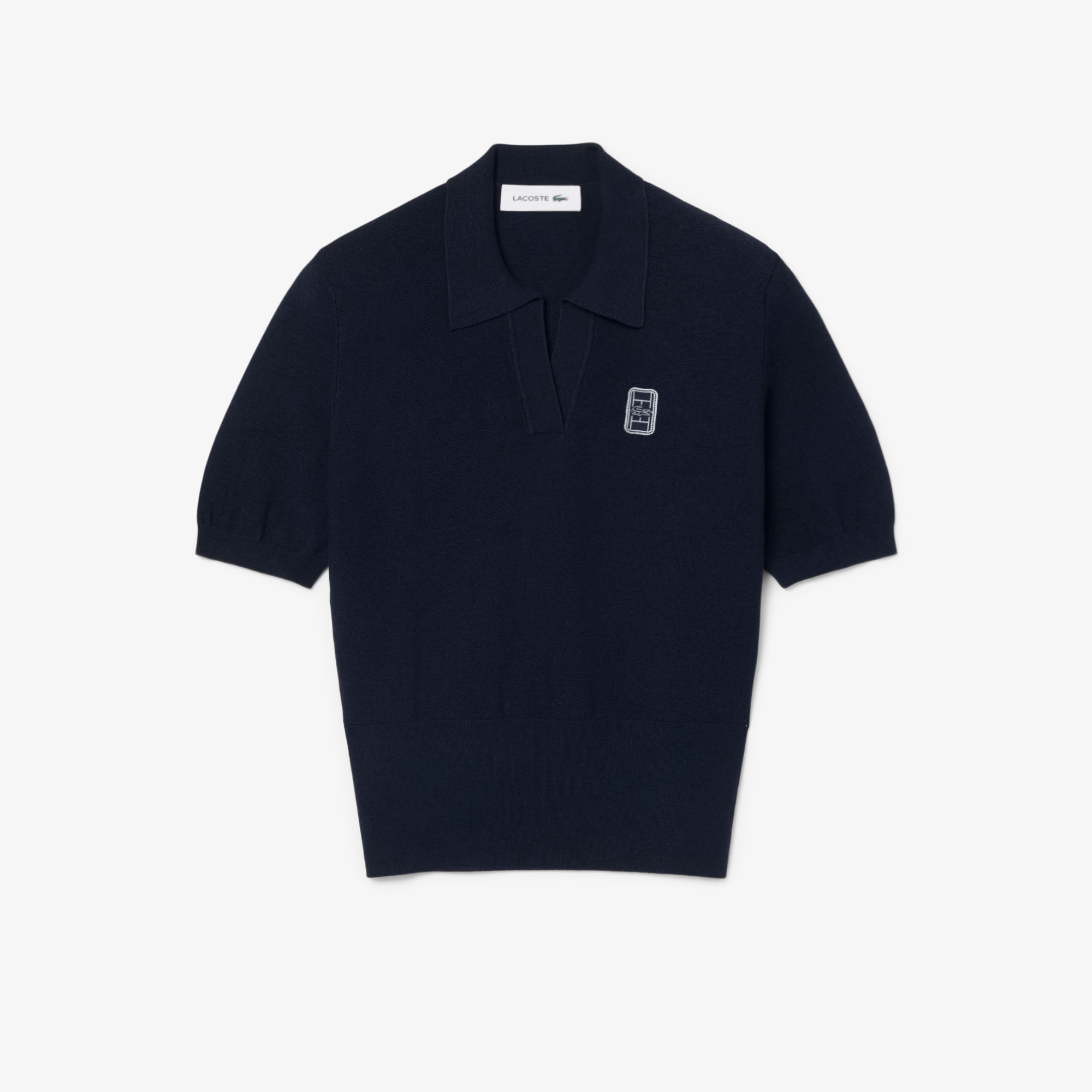 Regular Fit Open Neck Badge Accent Knit Polo Shirt - Women's