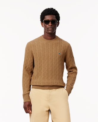 Cable Knit Carded Wool Crew Neck Sweater