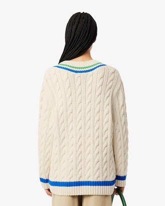 V Neck Cable Knit Cotton Tennis Sweater
