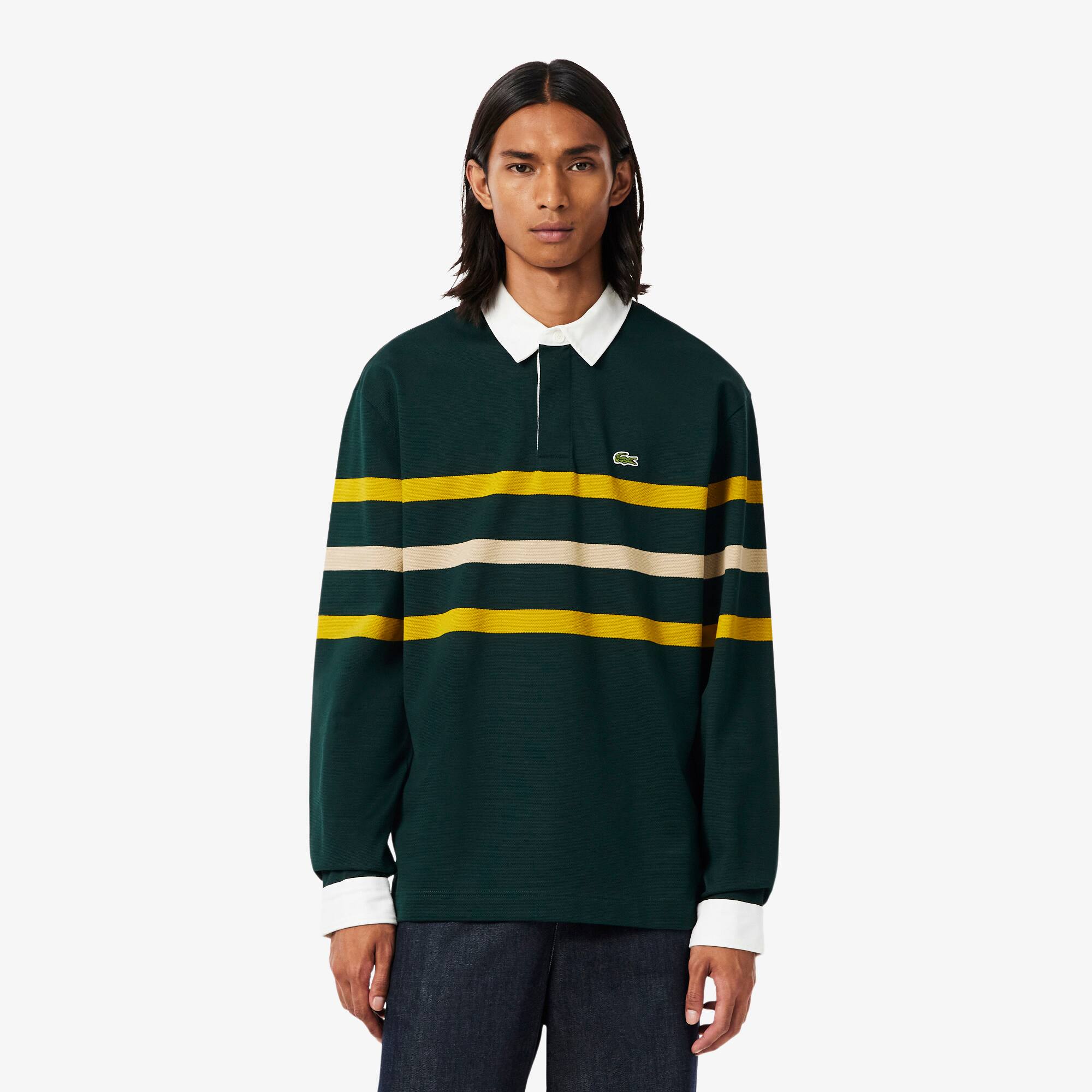 Relaxed Fit Striped Piqué Rugby Polo Shirt - Men's Polo Shirts