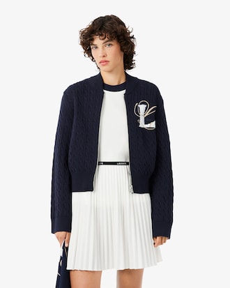 Cable Knit Intarsia and Embroidery Accent Zipped Sweater