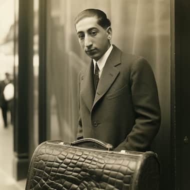 Homme avec une valise dans les années 20. Image générée par IA avec MidJourney.