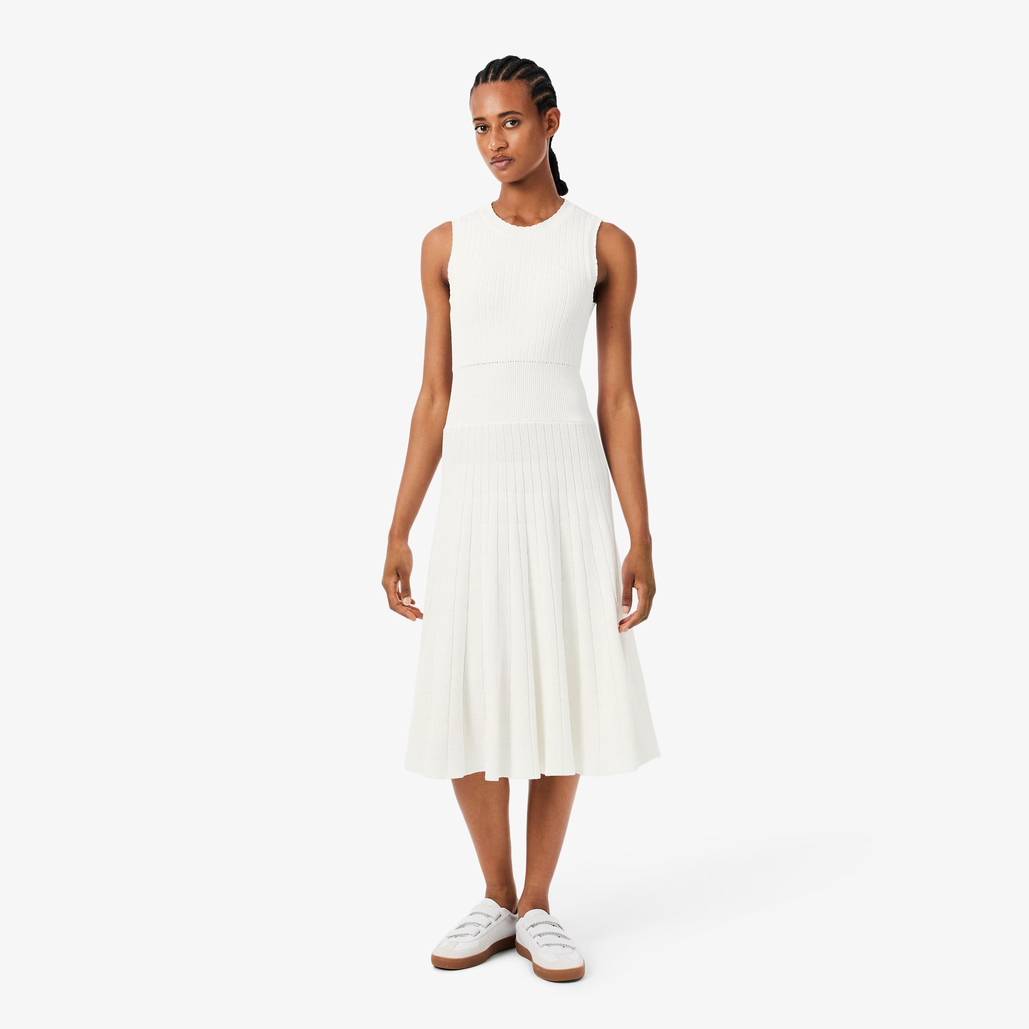Lacoste Robe côtelée coton mélangé à plis Taille 44 Blanc