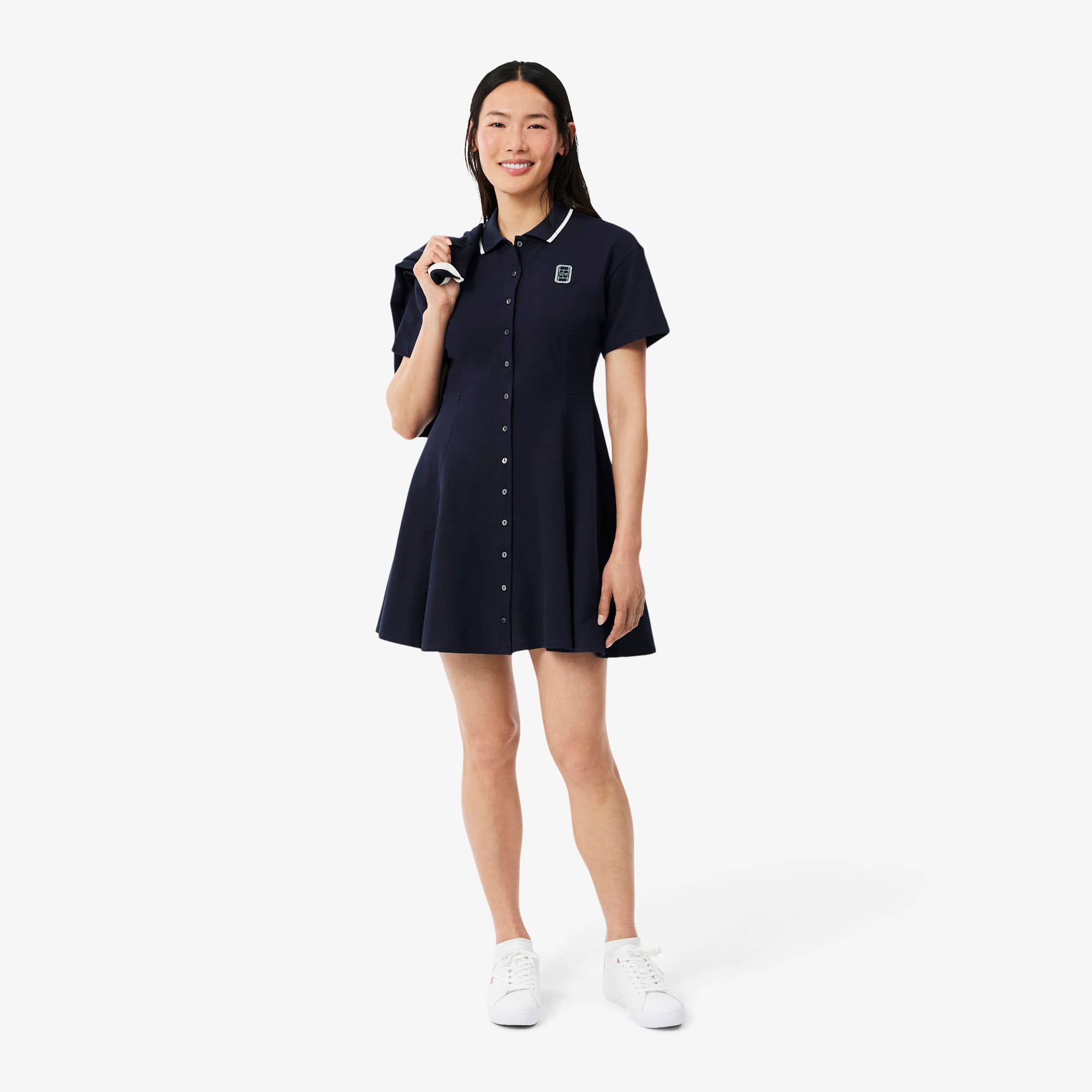 Lacoste Robe évasée Petit Piqué badge Taille 40 Bleu Marine