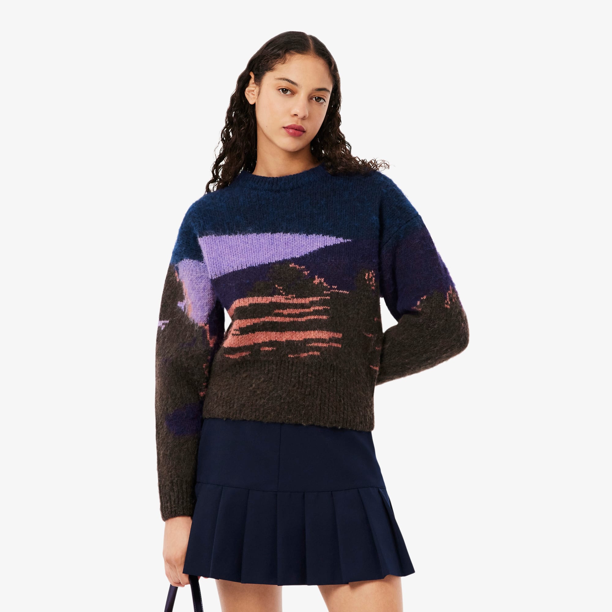 Pull jacquard imprimé paysage en laine