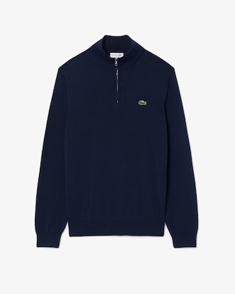 Pull zipp&eacute; coton uni col montant