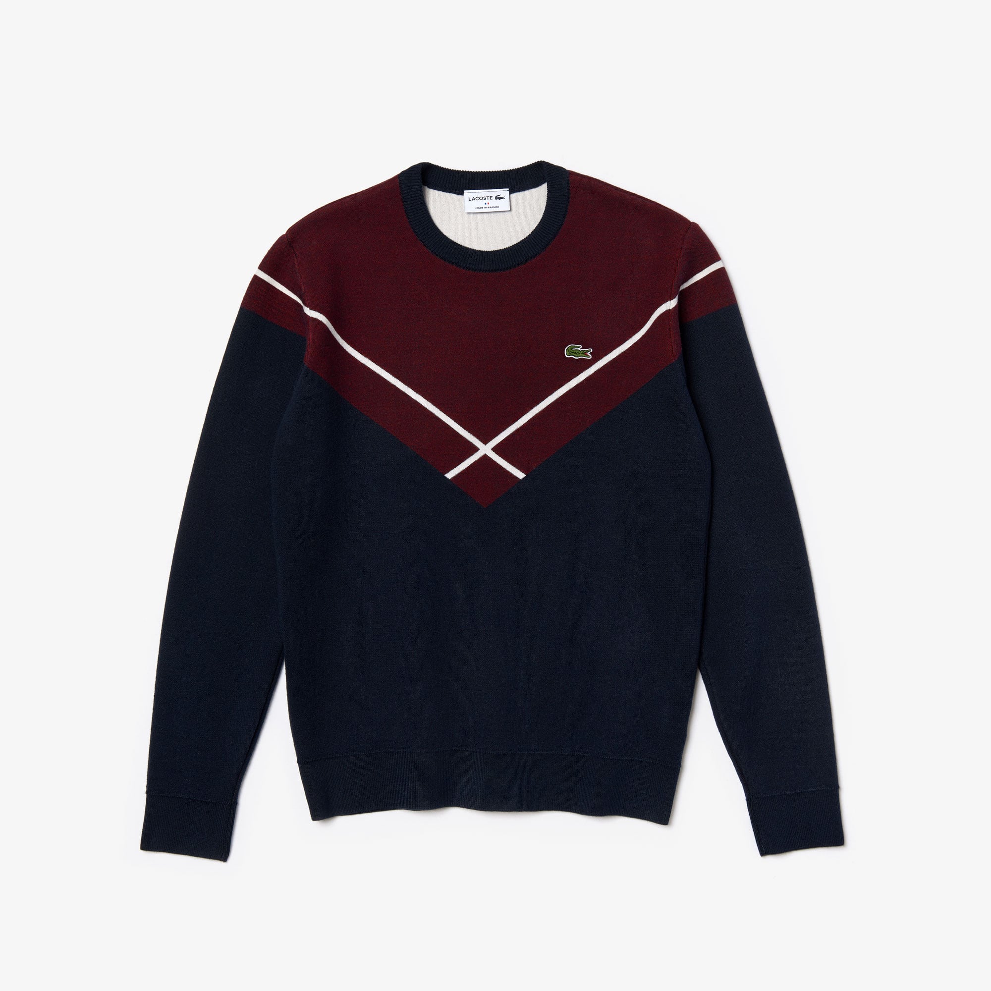 Lacoste Pull à col rond Made in France à motif jacquard Taille 8 - 3XL Bleu Marine / Bordeaux / Blan