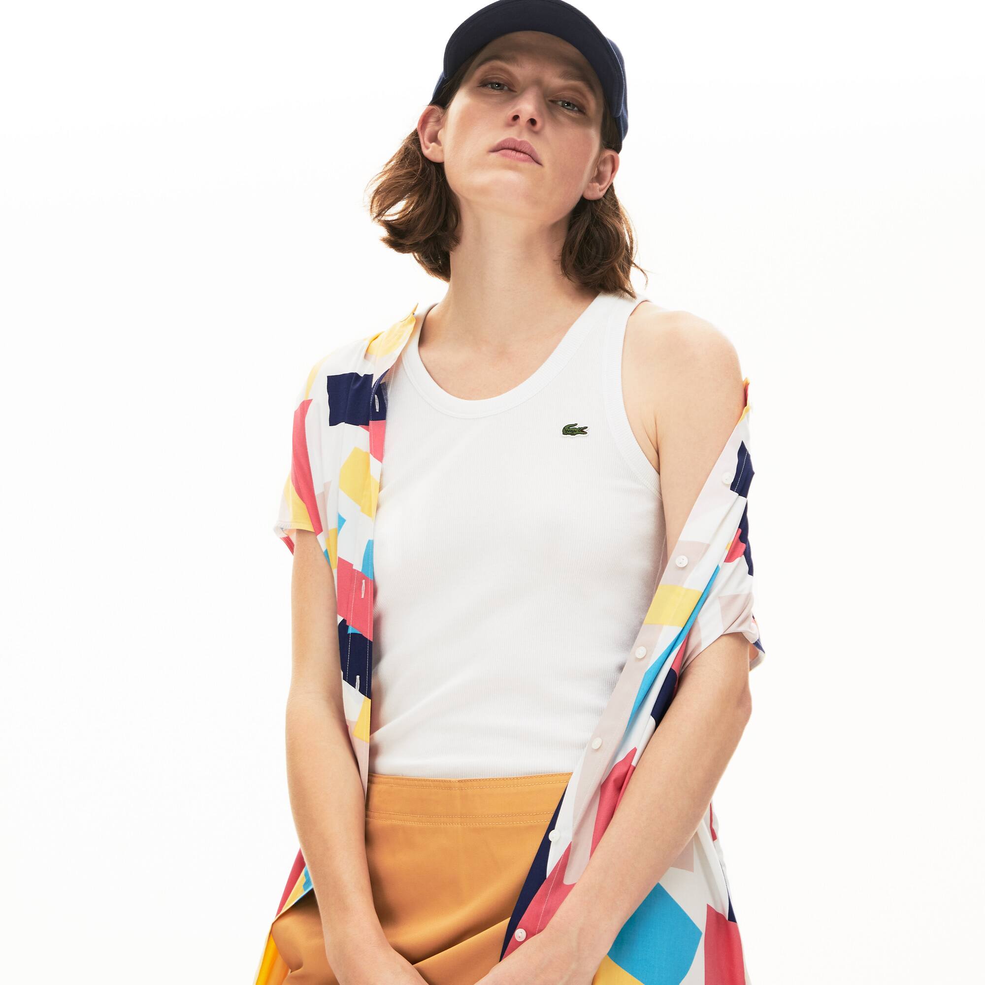 Lacoste Débardeur à col dégagé en coton côtelé Taille 36 Blanc