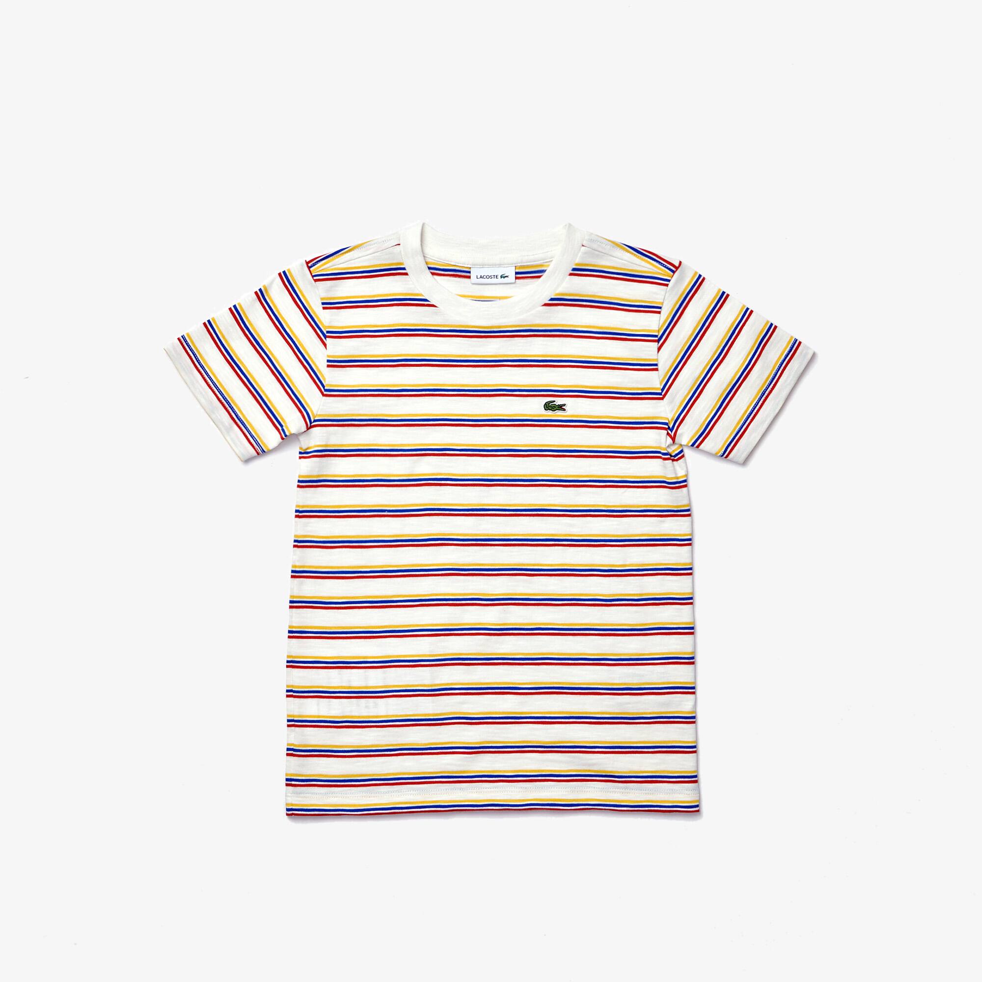 Lacoste T-shirt à col rond Garçon en coton à rayures tricolores Taille 16 ans Blanc