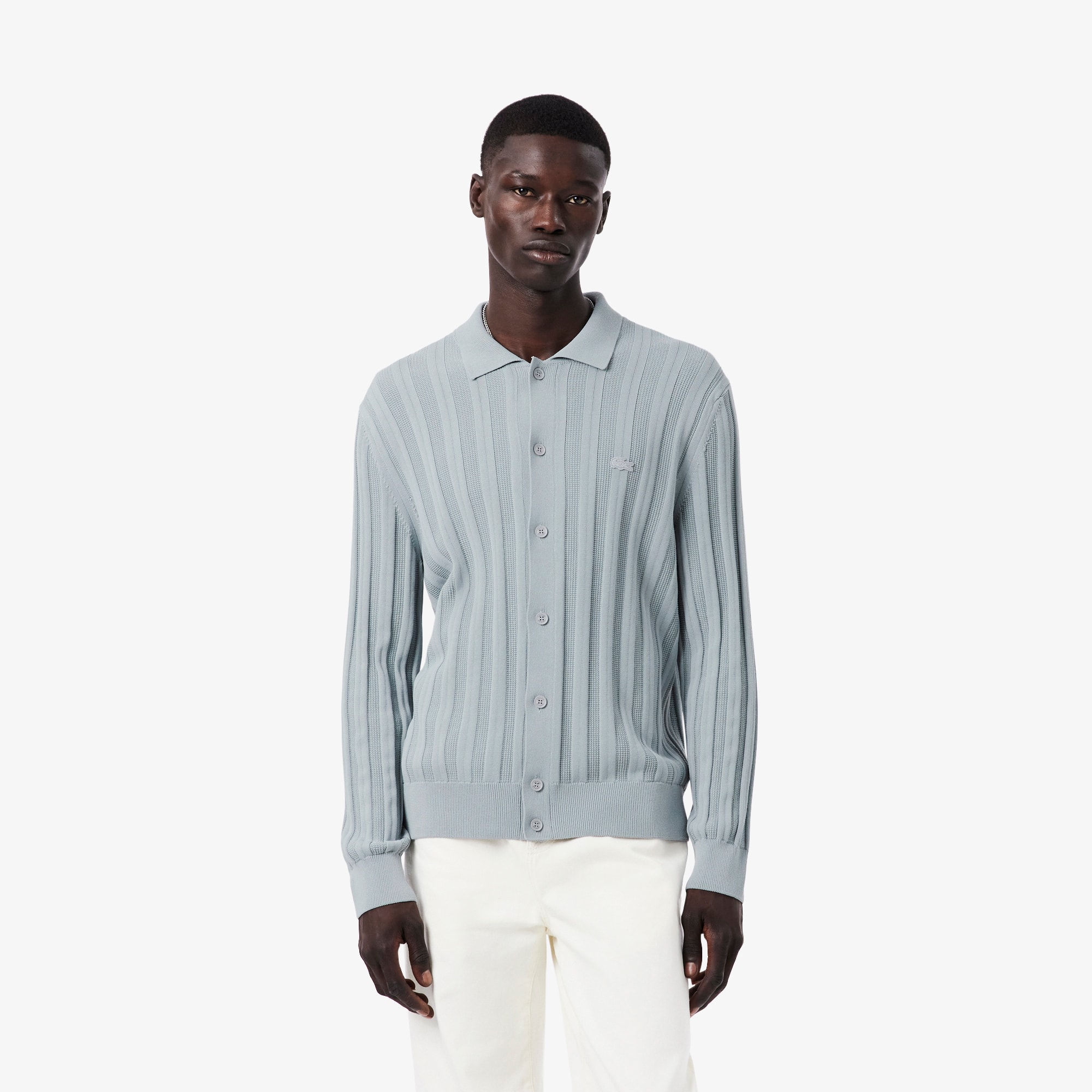 Lacoste Cardigan col polo côtelé fluide Taille 3XL Bleu Gris